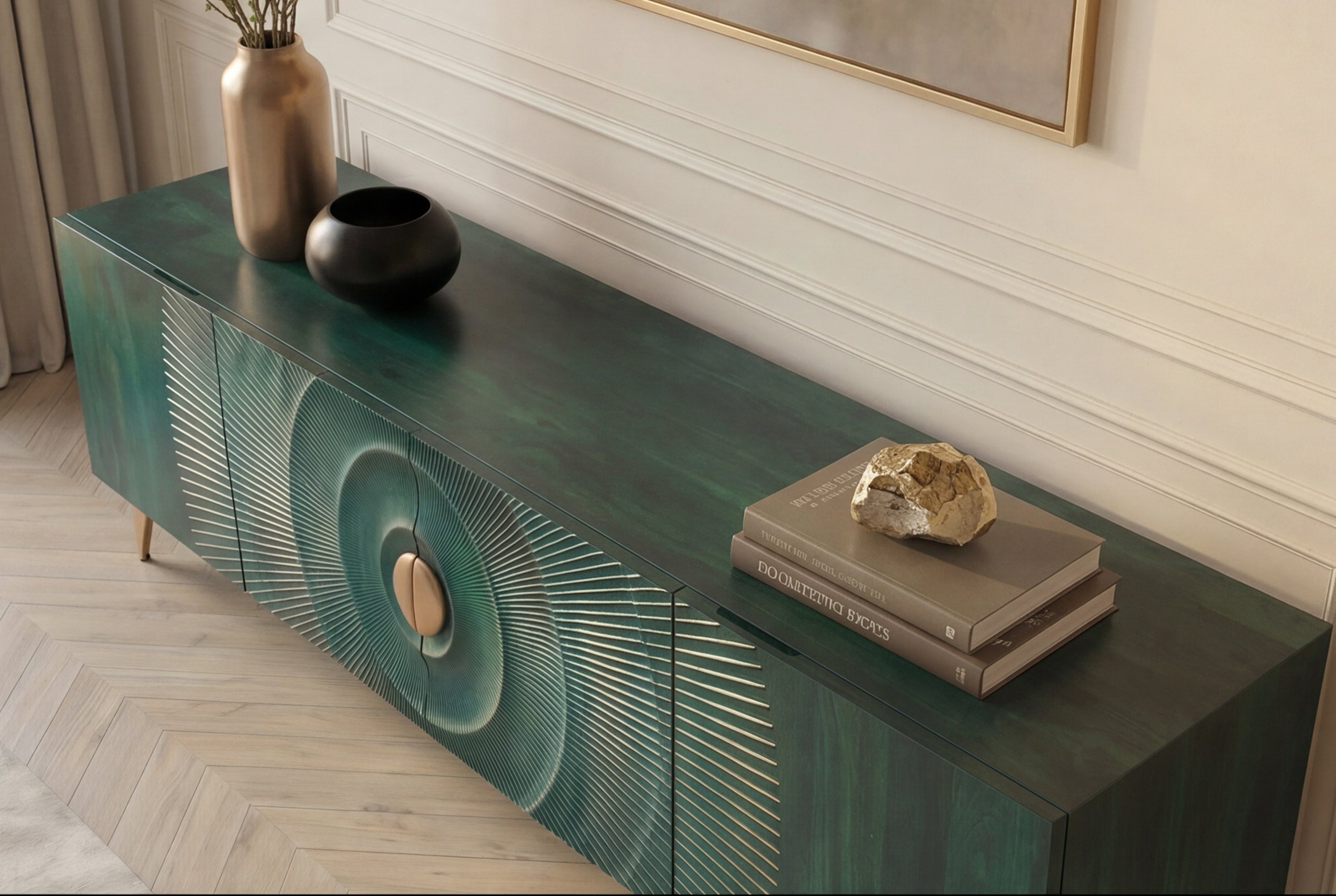 Massif meuble TV GOLDEN SUNSET 180 cm turquoise sculptures 3D dorées en bois de mangue et métal