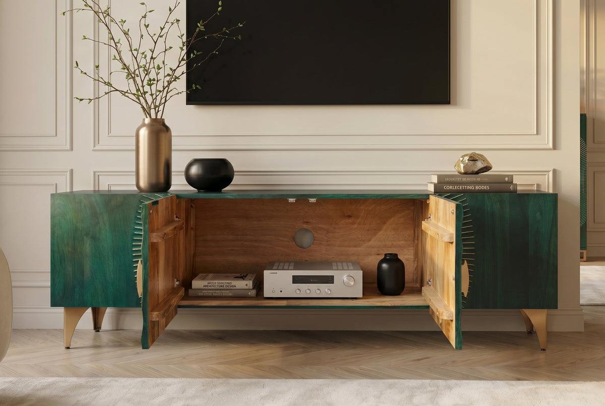 Massif meuble TV GOLDEN SUNSET 180 cm turquoise sculptures 3D dorées en bois de mangue et métal