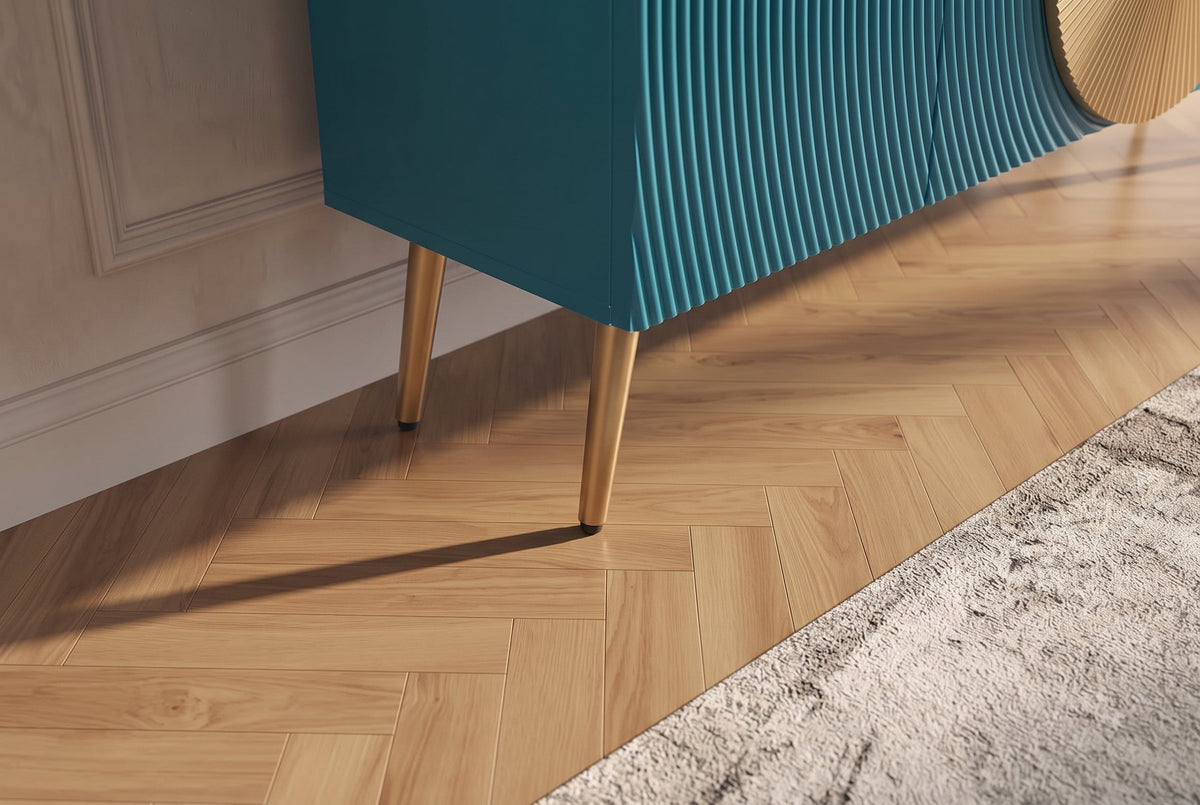 Massif sideboard AURUM 180cm turquoise bois de manguier avec élément doré emblématique