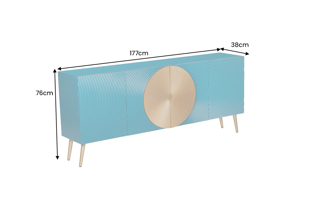 Massif sideboard AURUM 180cm turquoise bois de manguier avec élément doré emblématique