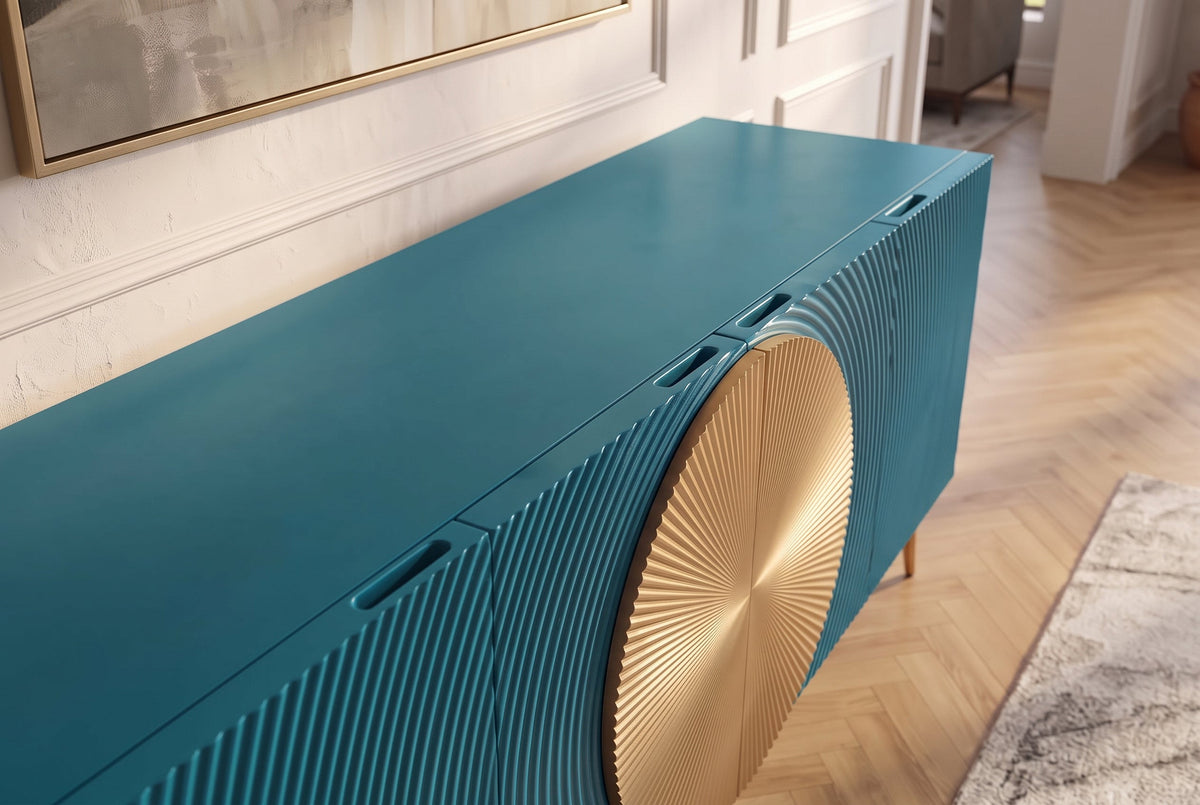 Massif sideboard AURUM 180cm turquoise bois de manguier avec élément doré emblématique