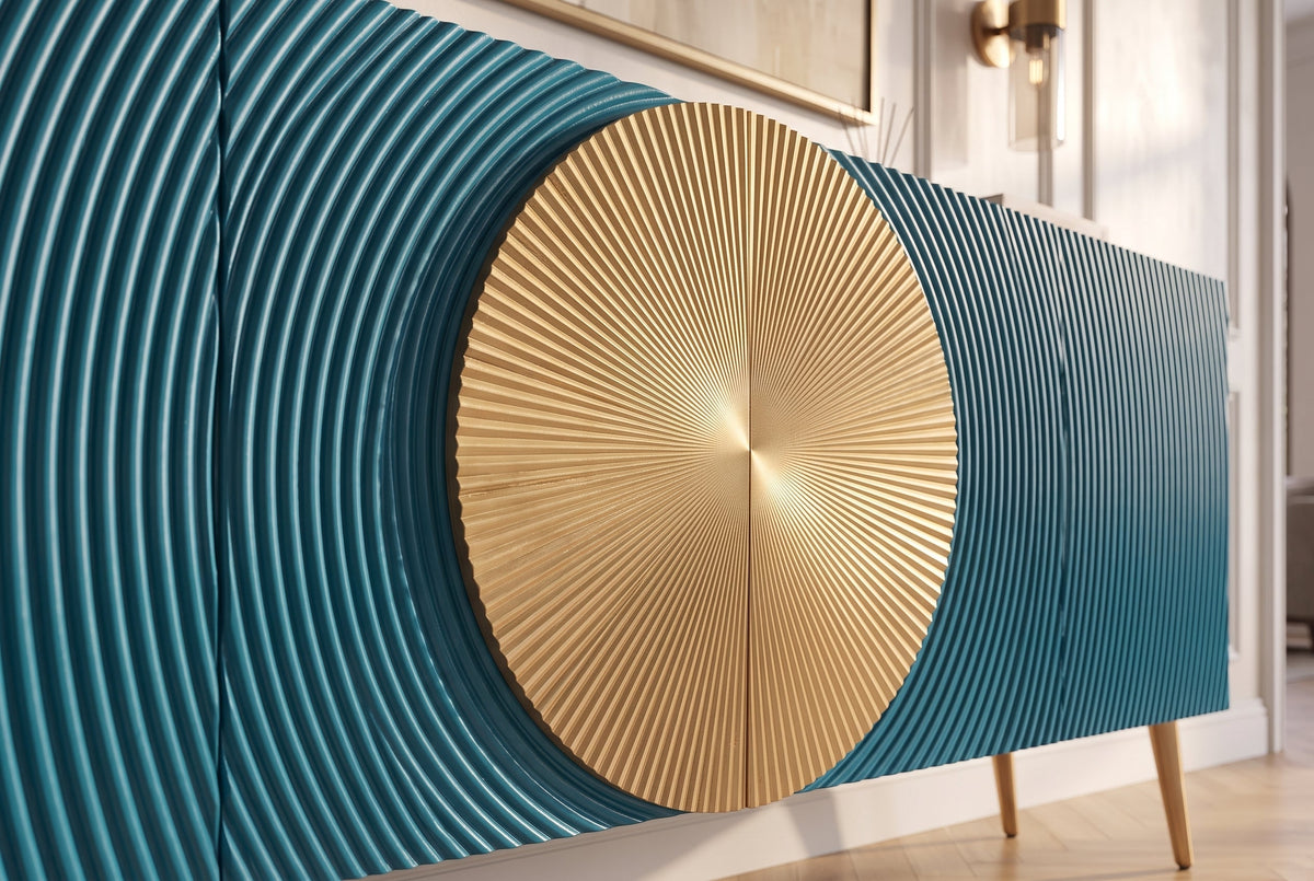 Massif sideboard AURUM 180cm turquoise bois de manguier avec élément doré emblématique