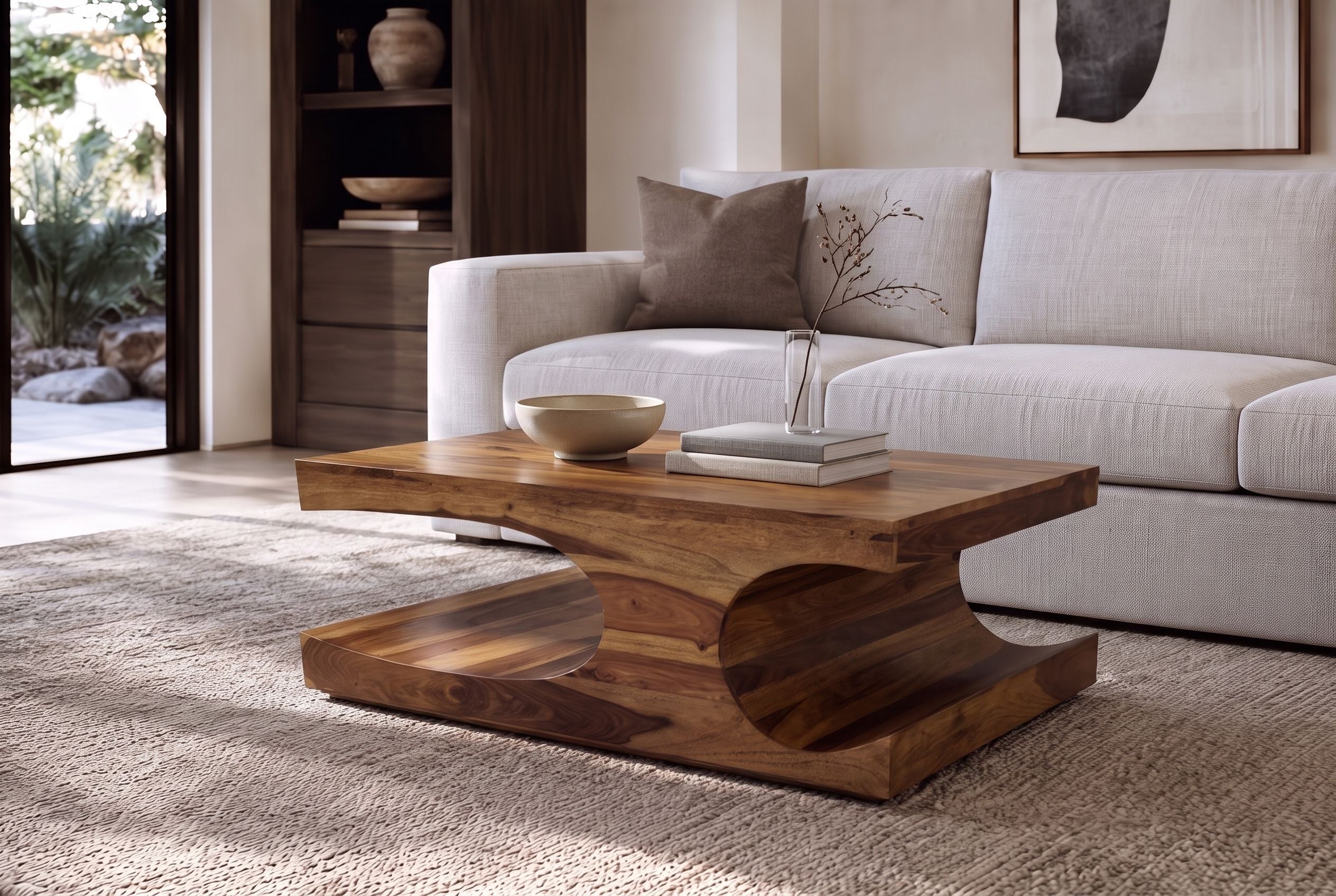 Massif table basse CUBUS 105cm en bois de sheesham brun finition pierre avec espace de rangement