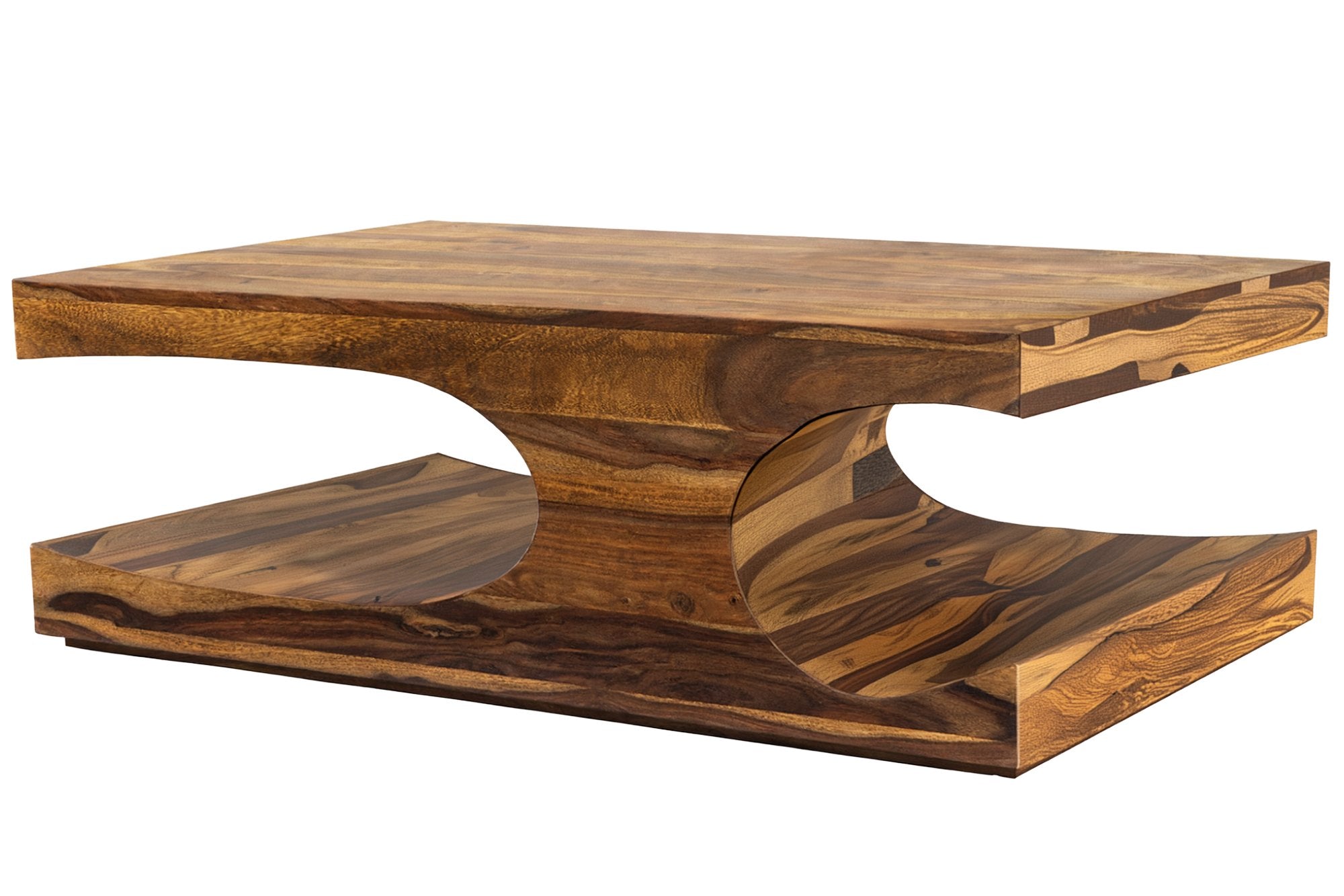 Massif table basse CUBUS 105cm en bois de sheesham brun finition pierre avec espace de rangement