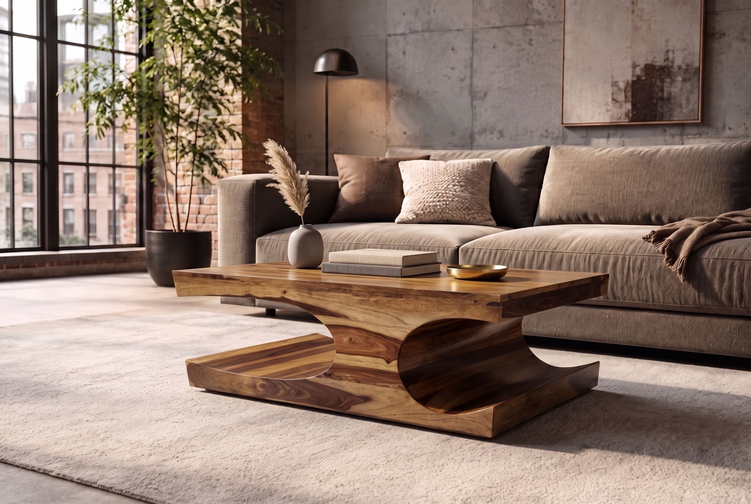 Massif table basse CUBUS 105cm en bois de sheesham brun finition pierre avec espace de rangement