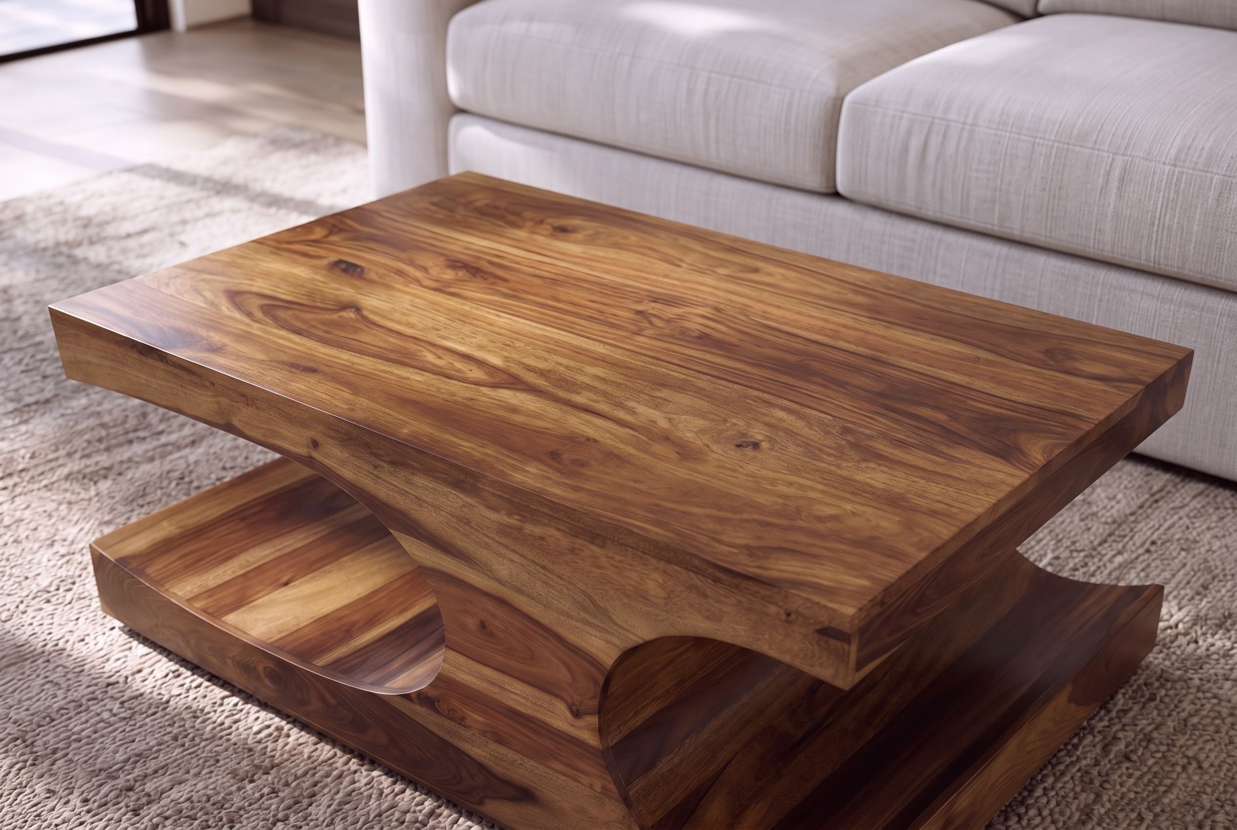 Massif table basse CUBUS 105cm en bois de sheesham brun finition pierre avec espace de rangement