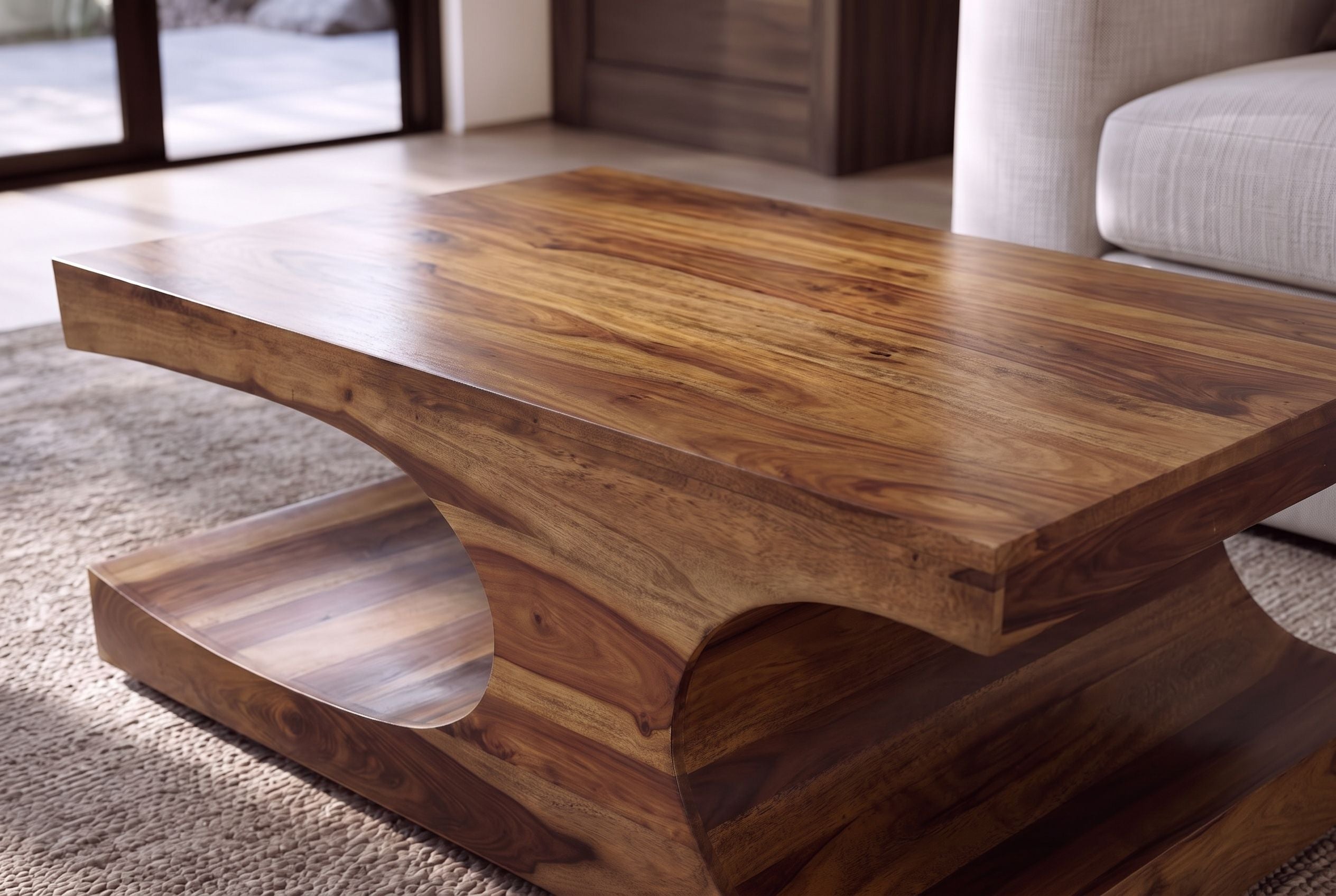 Massif table basse CUBUS 105cm en bois de sheesham brun finition pierre avec espace de rangement