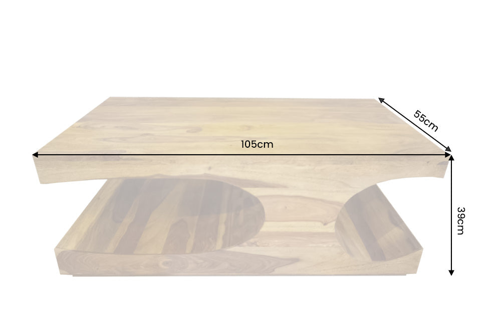 Massif table basse CUBUS 105cm en bois de sheesham brun finition pierre avec espace de rangement