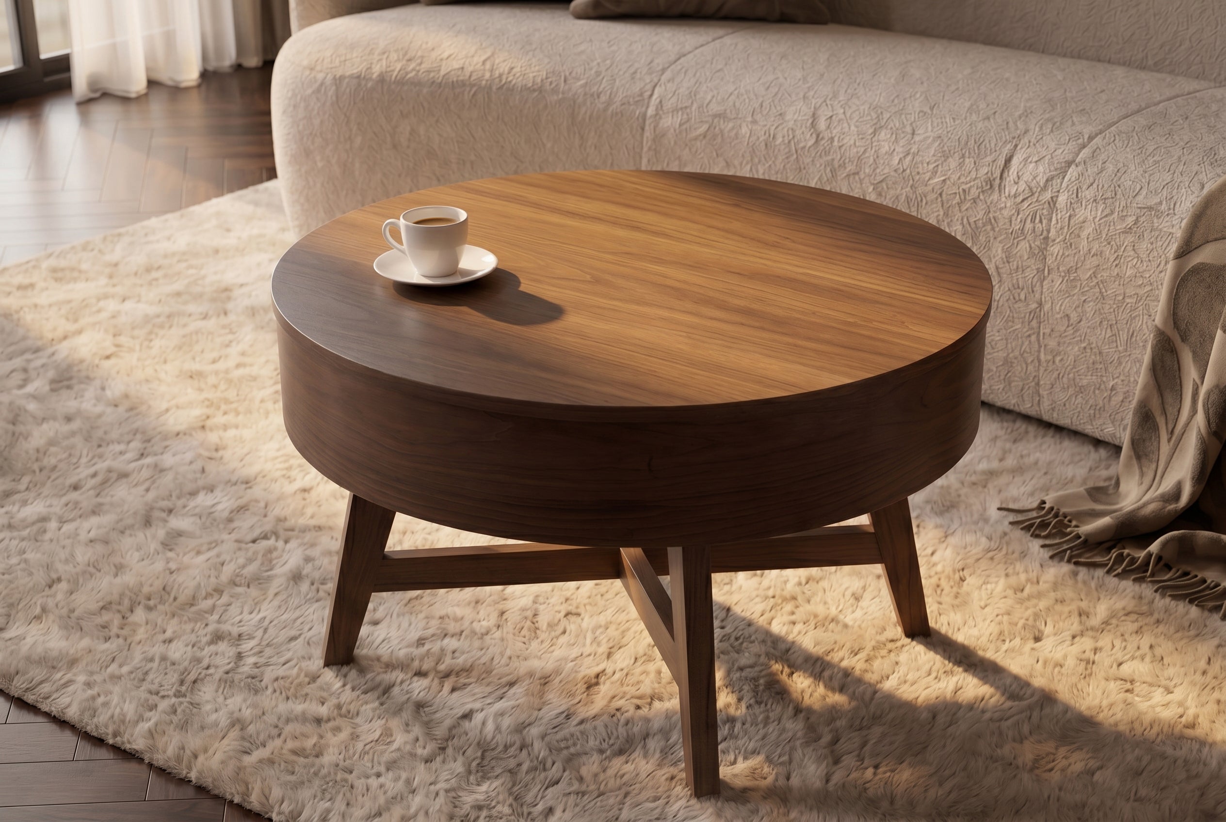 Massif table basse KYOTO 70cm brun bois de mangue au design noyer avec espace de rangement