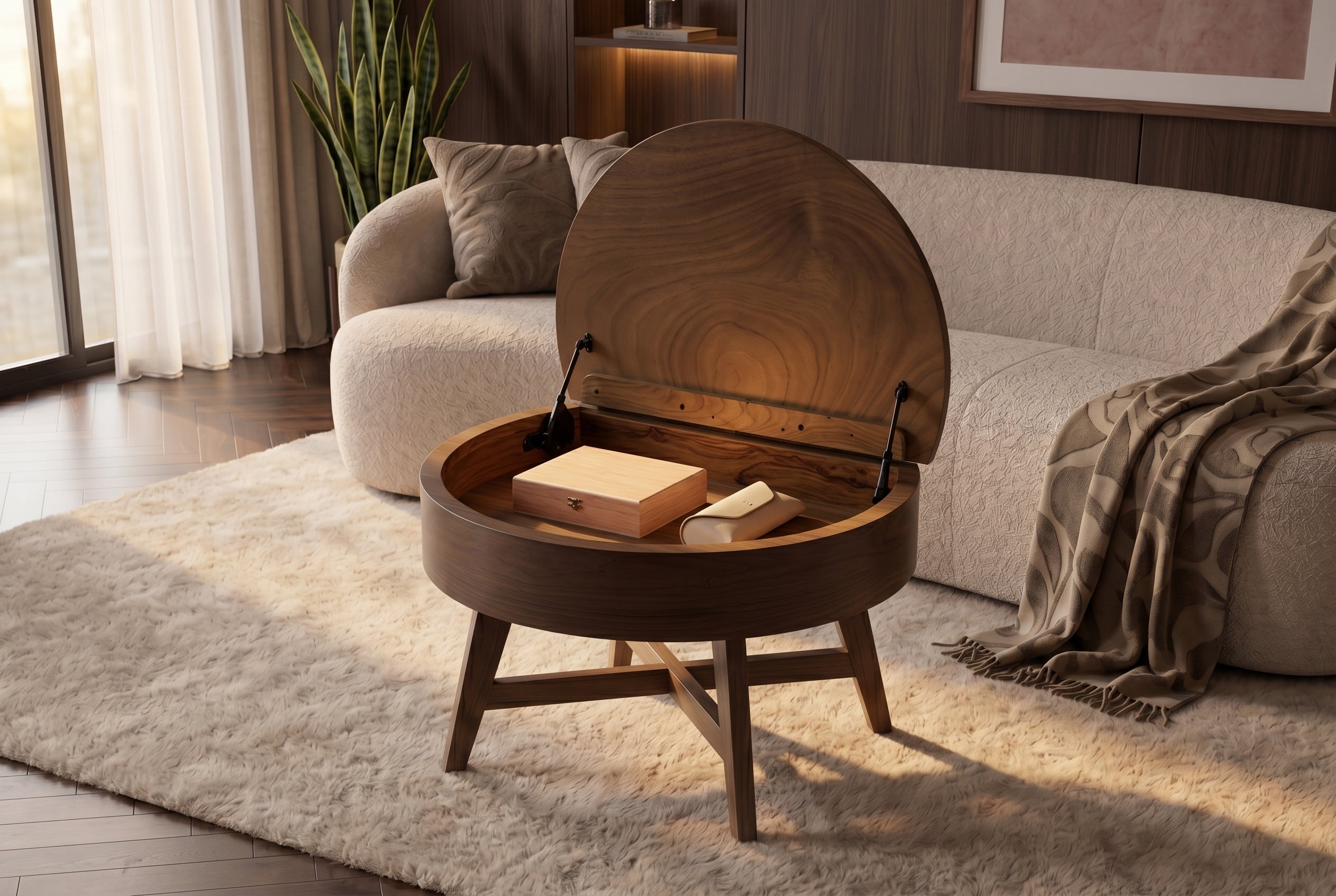 Massif table basse KYOTO 70cm brun bois de mangue au design noyer avec espace de rangement