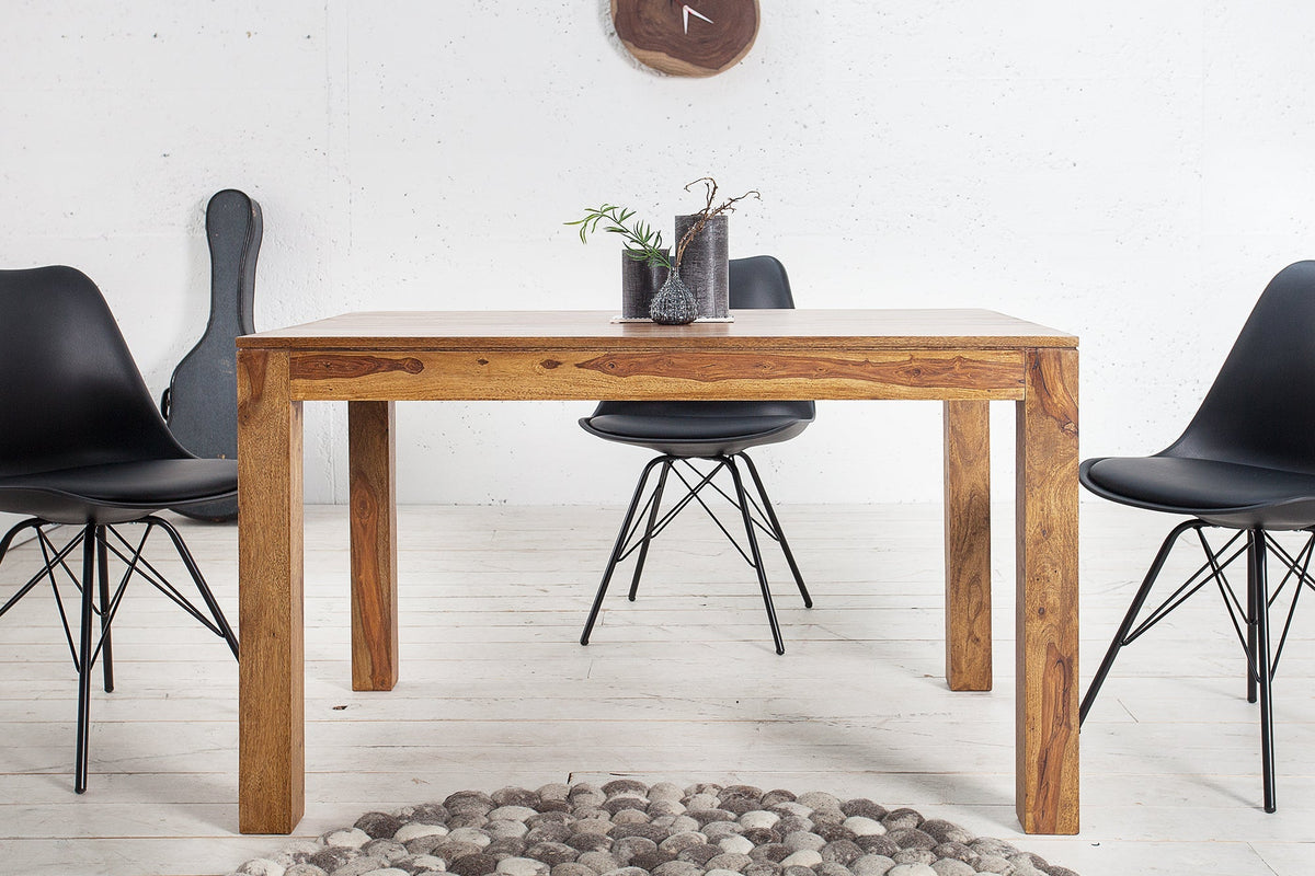 Massiver Holz Esstisch PURE 120-200cm braun Sheesham stone finish mit Ansteckplatten