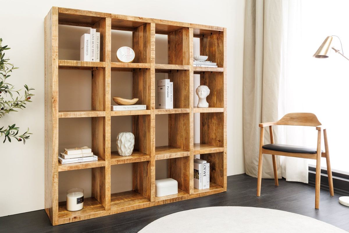 Massives Regal IRON CRAFT 160cm natur Mangoholz Bücherregal sechzehn Fächer