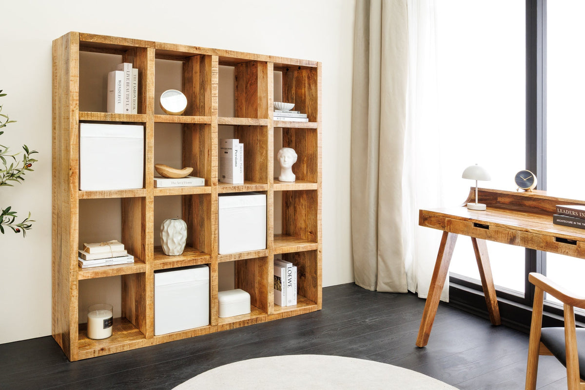 Massives Regal IRON CRAFT 160cm natur Mangoholz Bücherregal sechzehn Fächer
