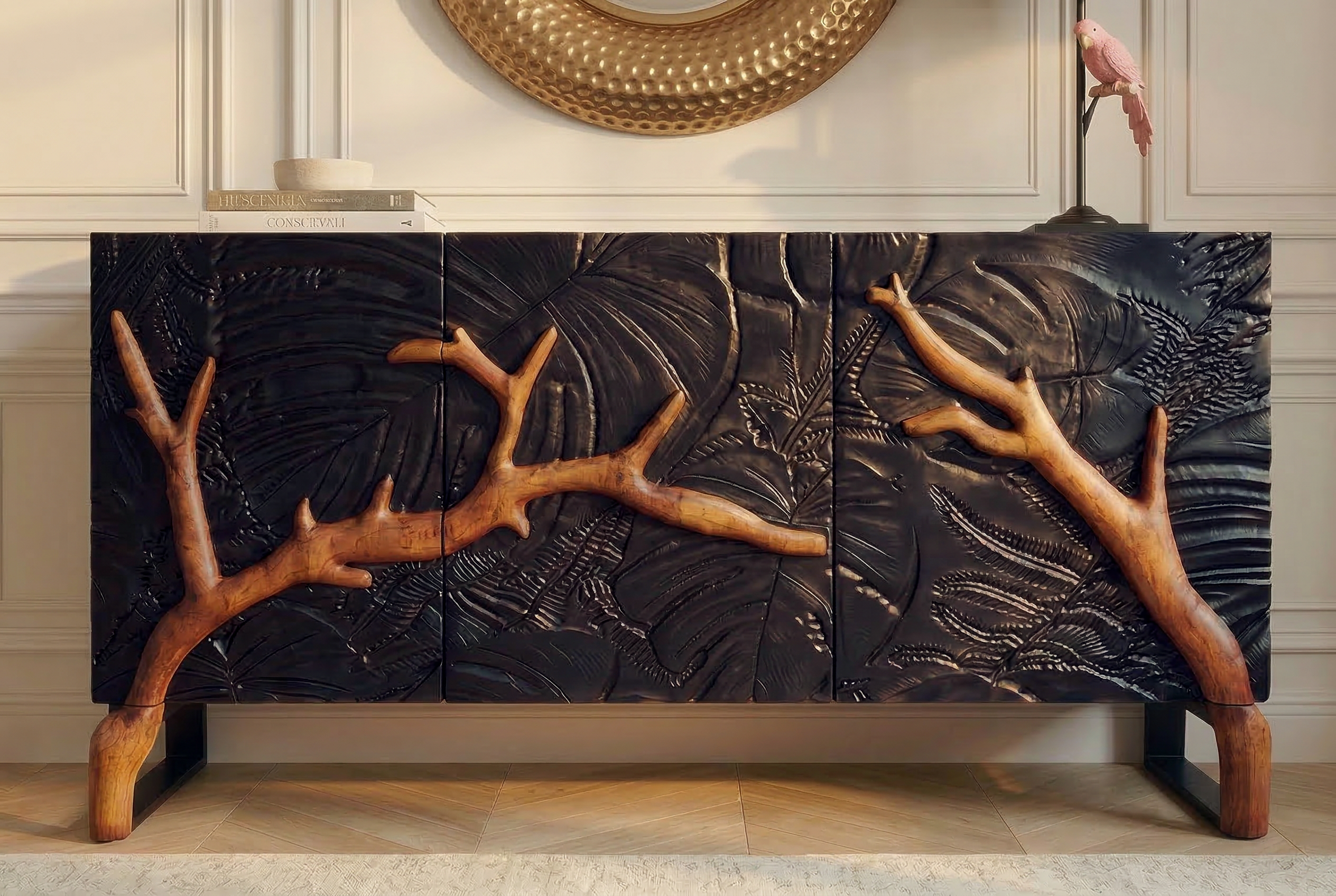Massives Sideboard FOREST 160cm schwarz braun Mangoholz sechs Fächer 3D-Front