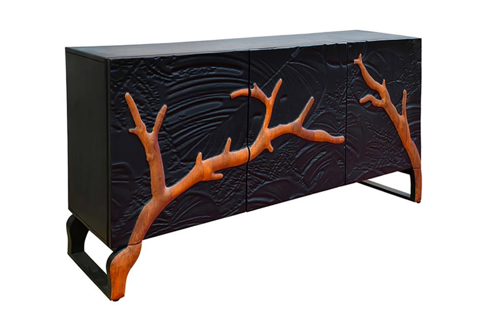 Massives Sideboard FOREST 160cm schwarz braun Mangoholz sechs Fächer 3D-Front