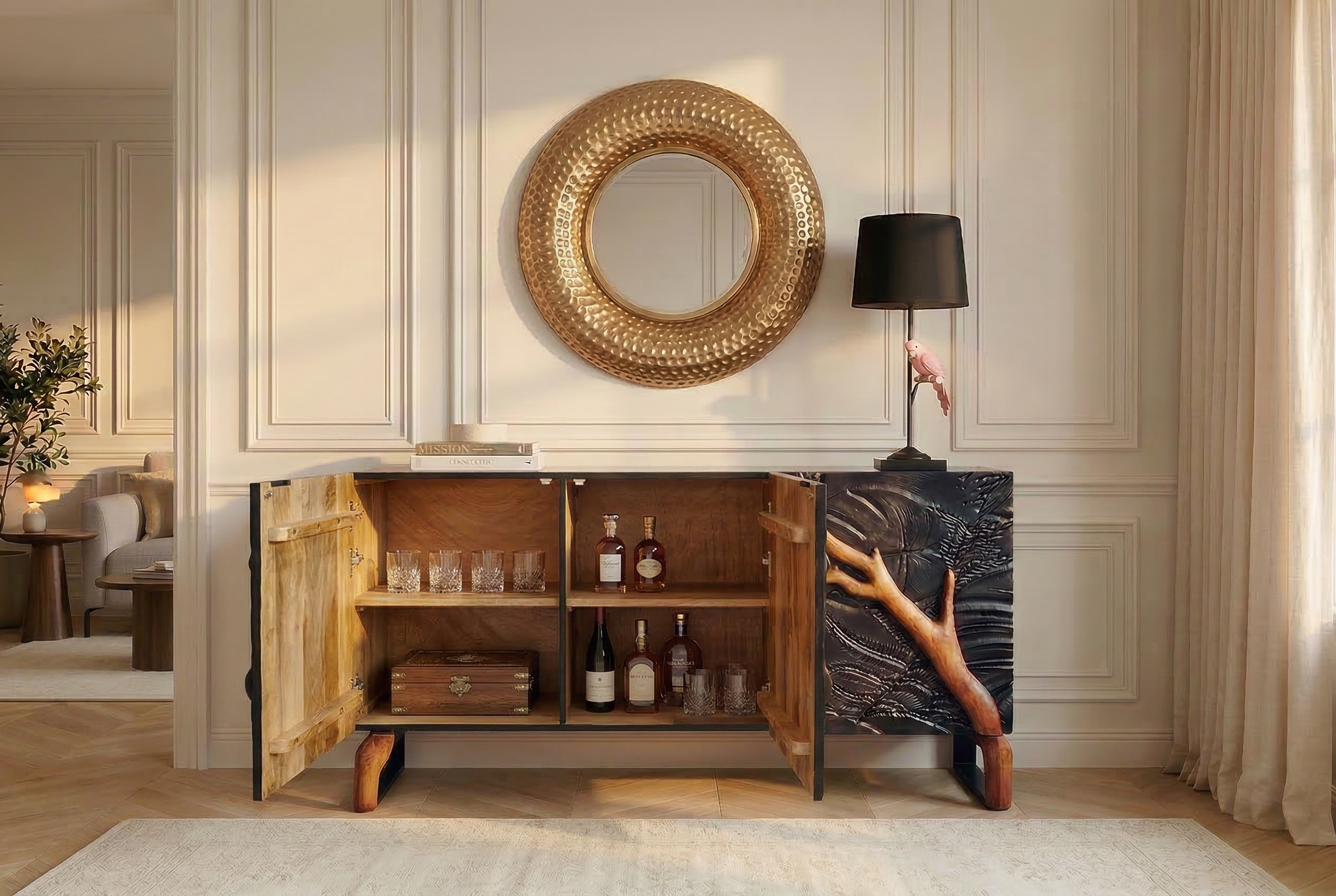 Massives Sideboard FOREST 160cm schwarz braun Mangoholz sechs Fächer 3D-Front