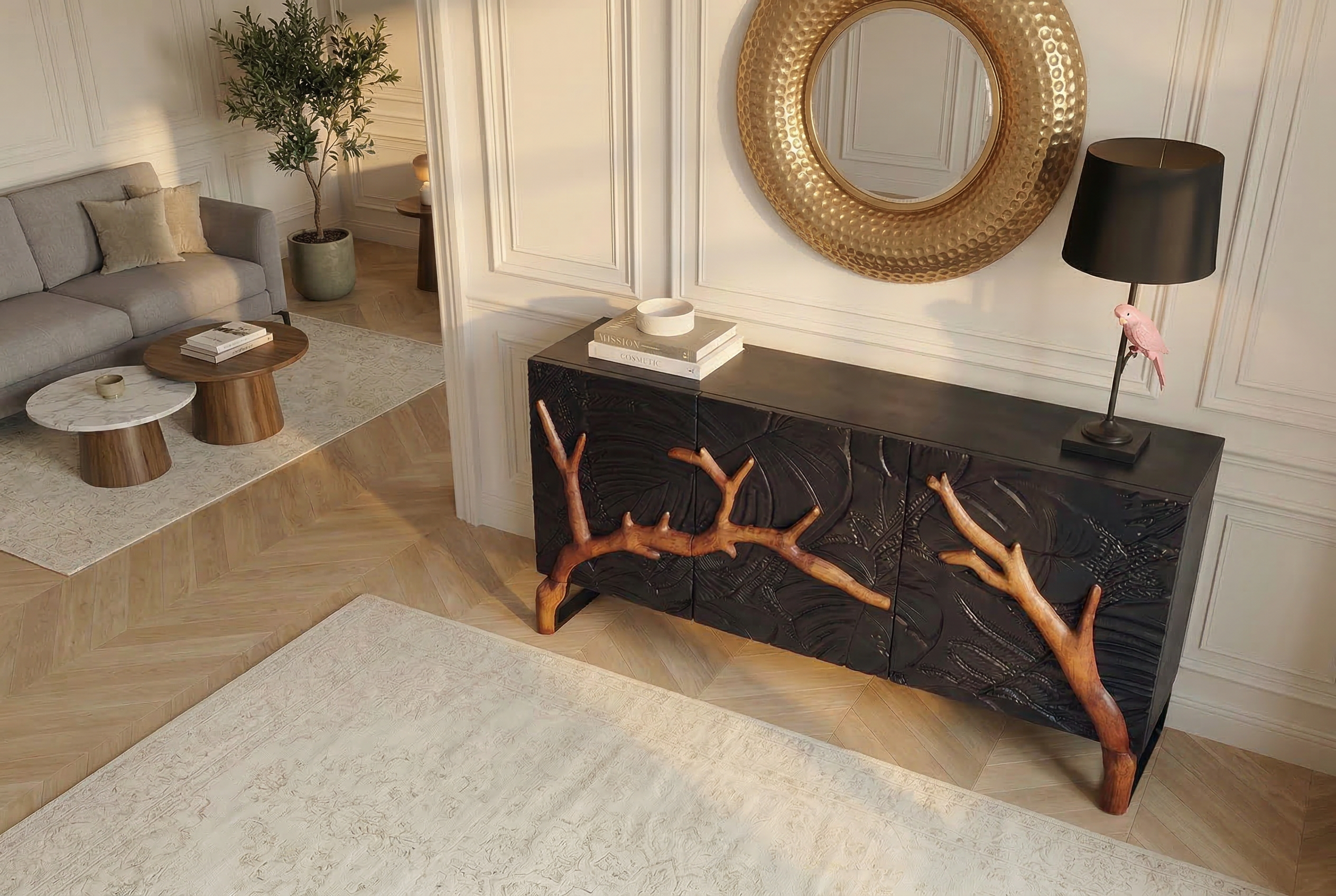 Massives Sideboard FOREST 160cm schwarz braun Mangoholz sechs Fächer 3D-Front