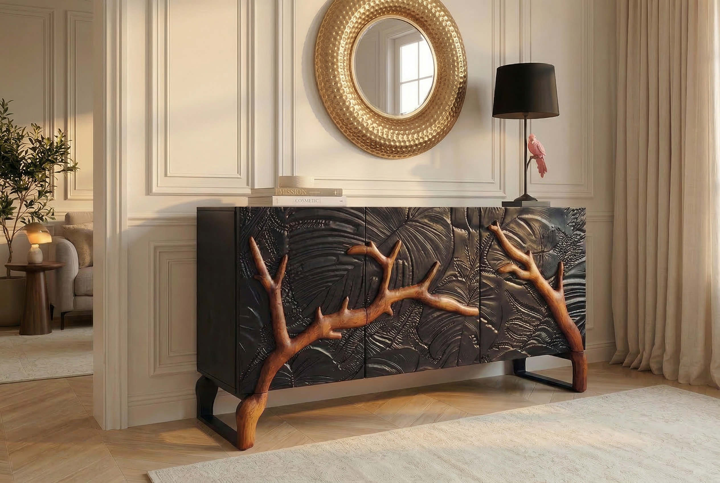 Massives Sideboard FOREST 160cm schwarz braun Mangoholz sechs Fächer 3D-Front
