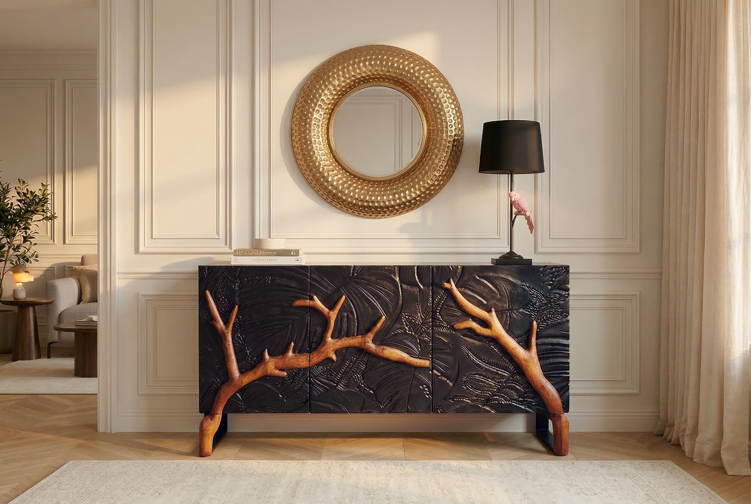 Massives Sideboard FOREST 160cm schwarz braun Mangoholz sechs Fächer 3D-Front