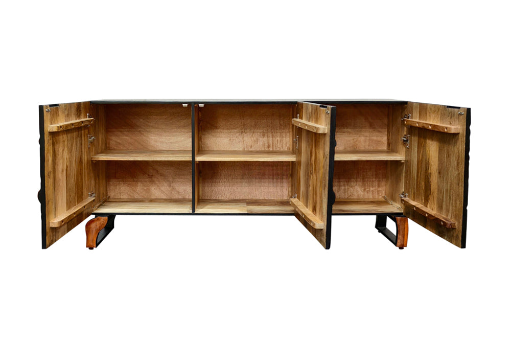 Massives Sideboard FOREST 160cm schwarz braun Mangoholz sechs Fächer 3D-Front
