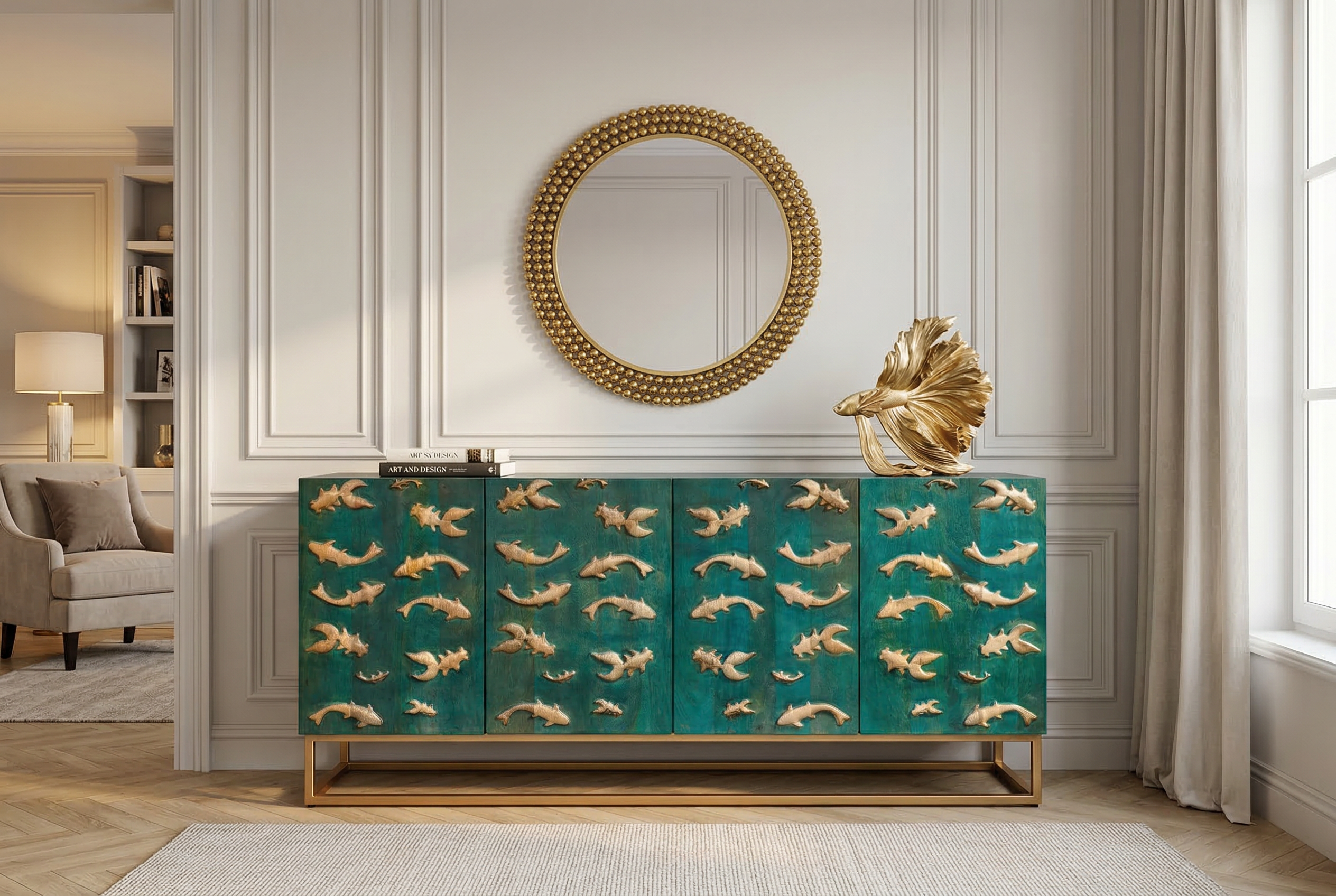 Massives Sideboard GOLDEN LAGOON 180cm türkis gold Mangoholz Metall 3D-Front
