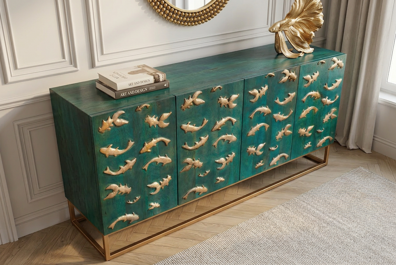 Massives Sideboard GOLDEN LAGOON 180cm türkis gold Mangoholz Metall 3D-Front
