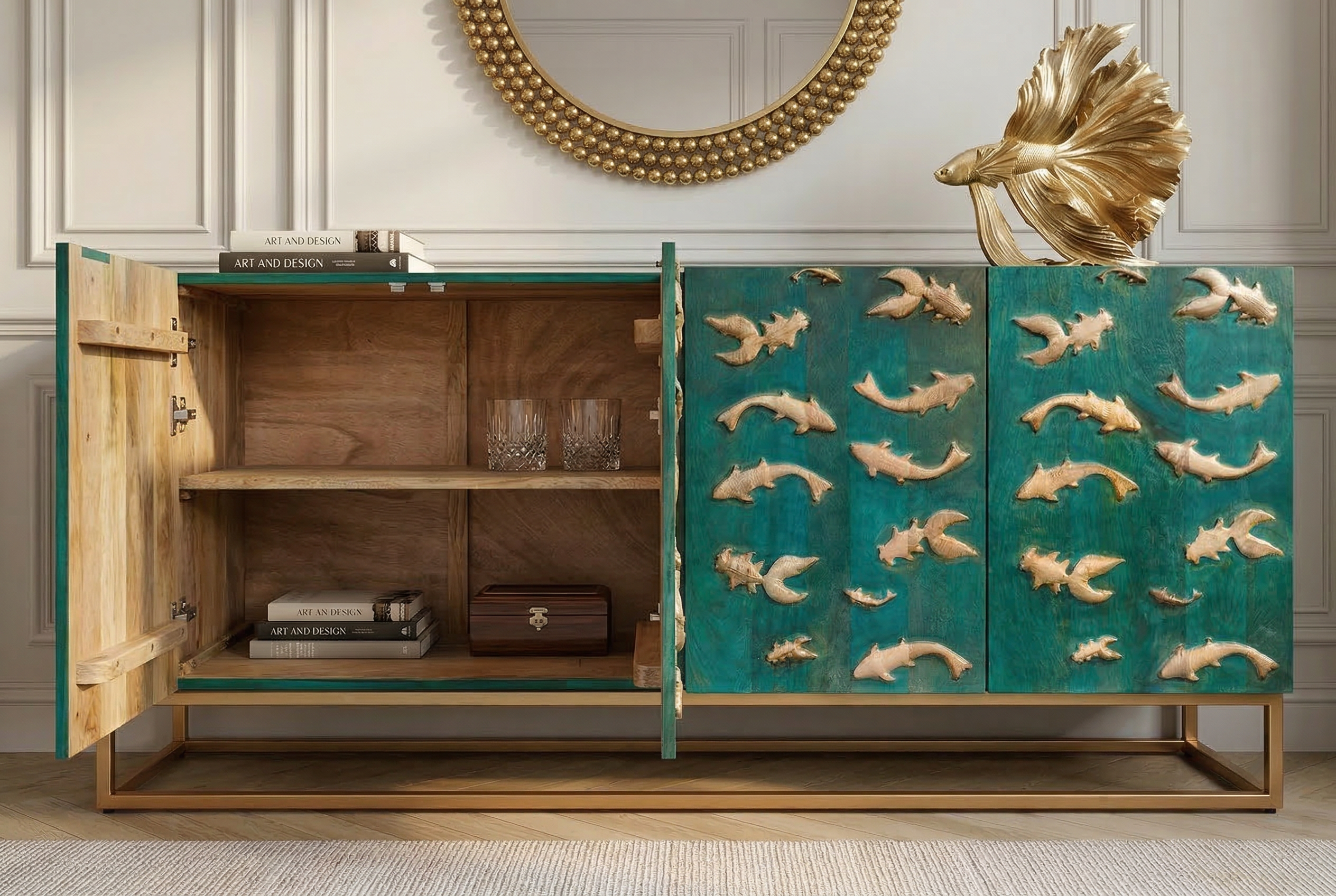Massives Sideboard GOLDEN LAGOON 180cm türkis gold Mangoholz Metall 3D-Front