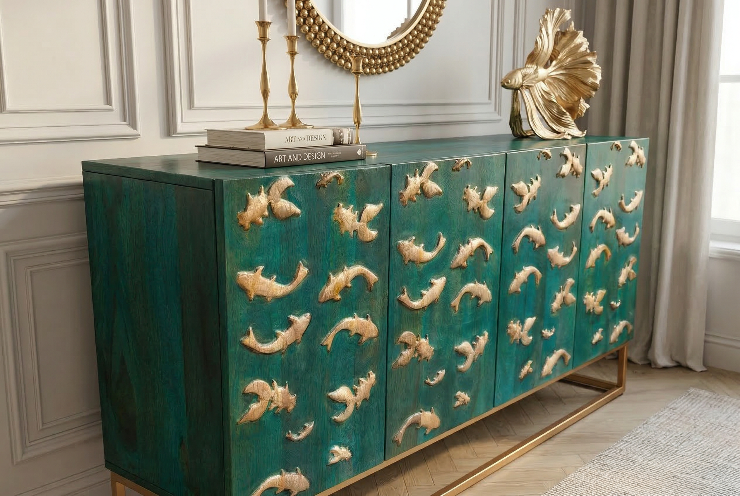 Massives Sideboard GOLDEN LAGOON 180cm türkis gold Mangoholz Metall 3D-Front