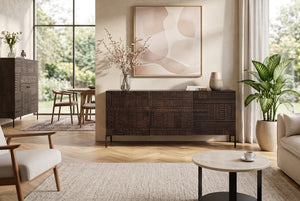 Massives Sideboard TRIBAL 180cm antik braun Mangoholz 3D-Front viel Stauraum