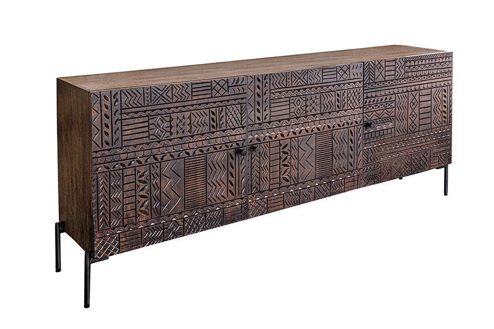 Massives Sideboard TRIBAL 180cm antik braun Mangoholz 3D-Front viel Stauraum