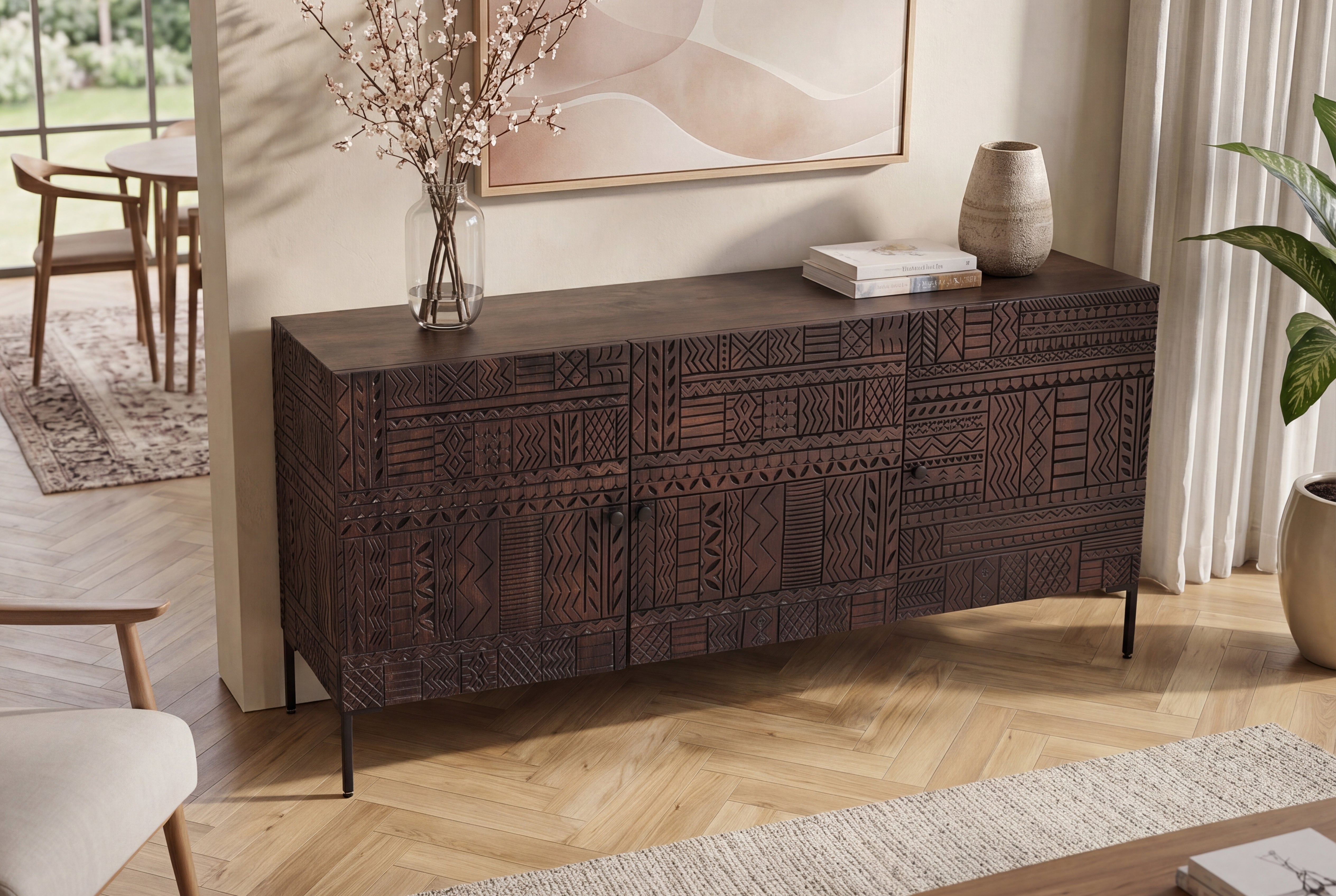 Massives Sideboard TRIBAL 180cm antik braun Mangoholz 3D-Front viel Stauraum