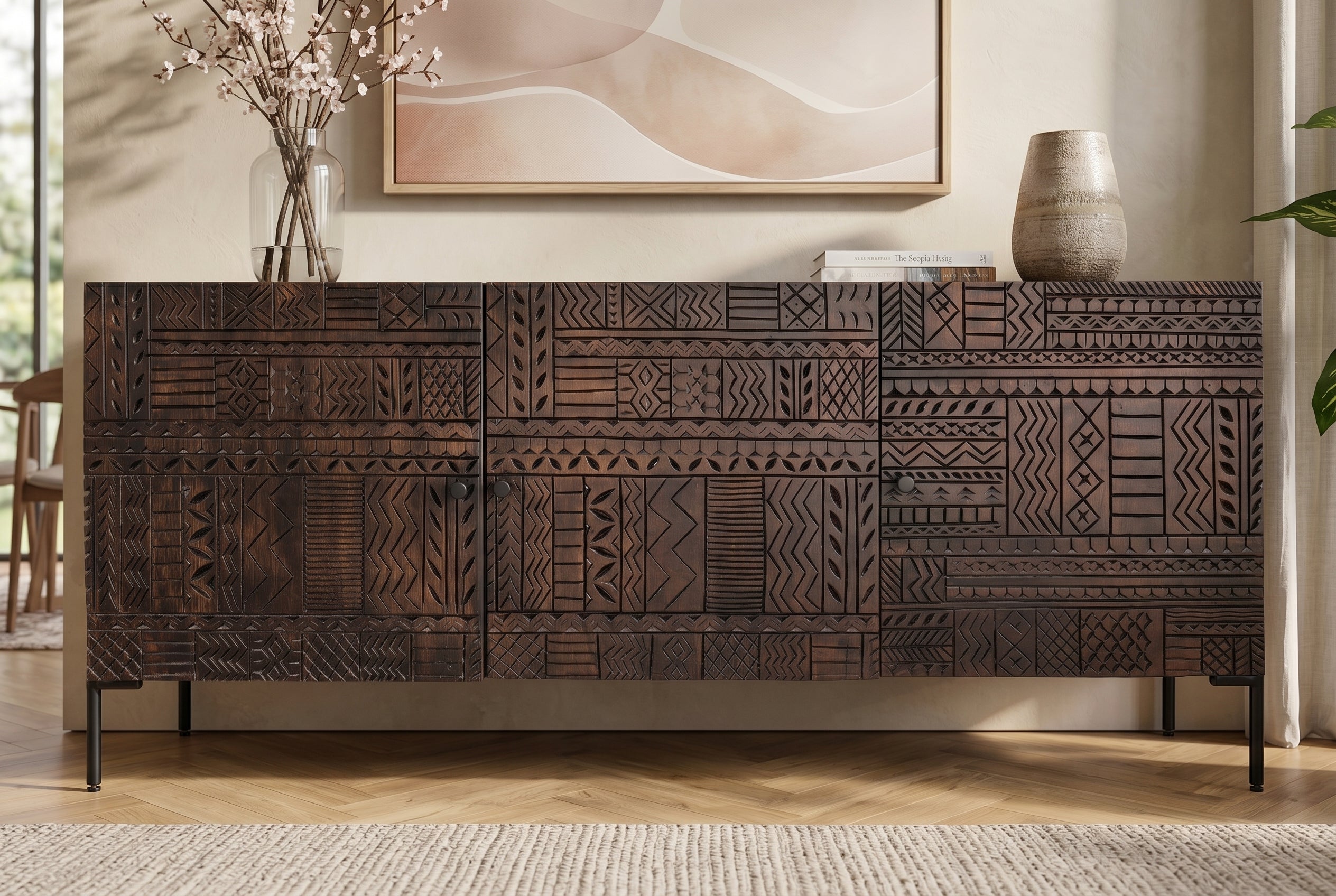 Massives Sideboard TRIBAL 180cm antik braun Mangoholz 3D-Front viel Stauraum