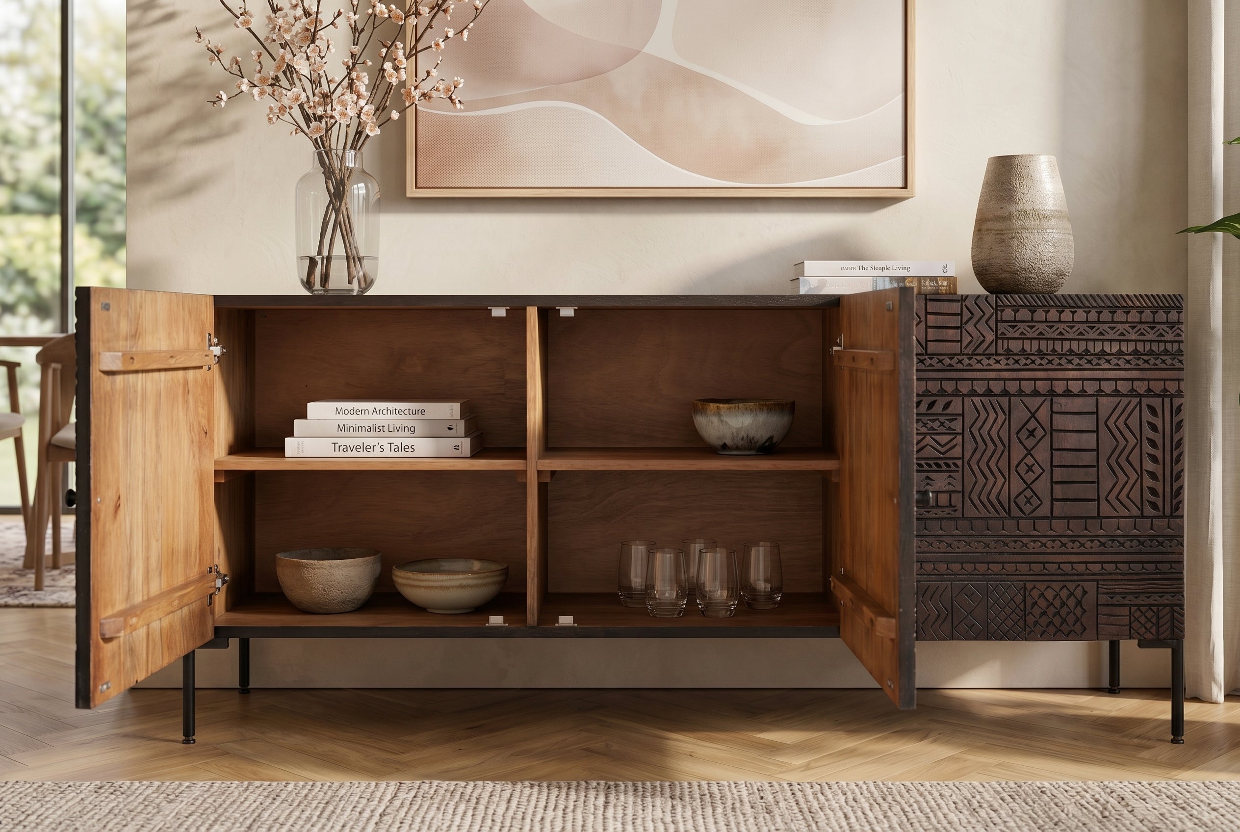 Massives Sideboard TRIBAL 180cm antik braun Mangoholz 3D-Front viel Stauraum