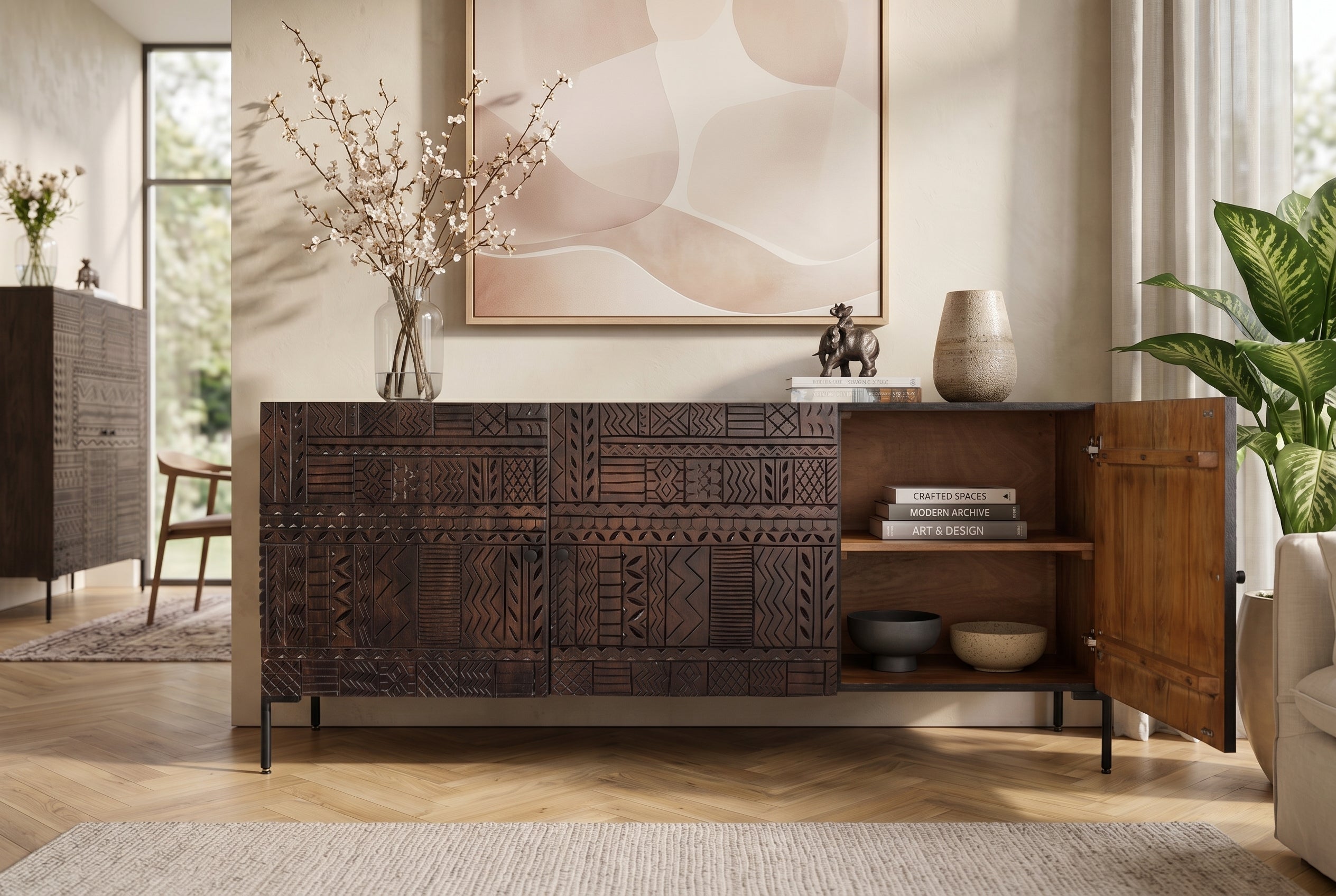Massives Sideboard TRIBAL 180cm antik braun Mangoholz 3D-Front viel Stauraum