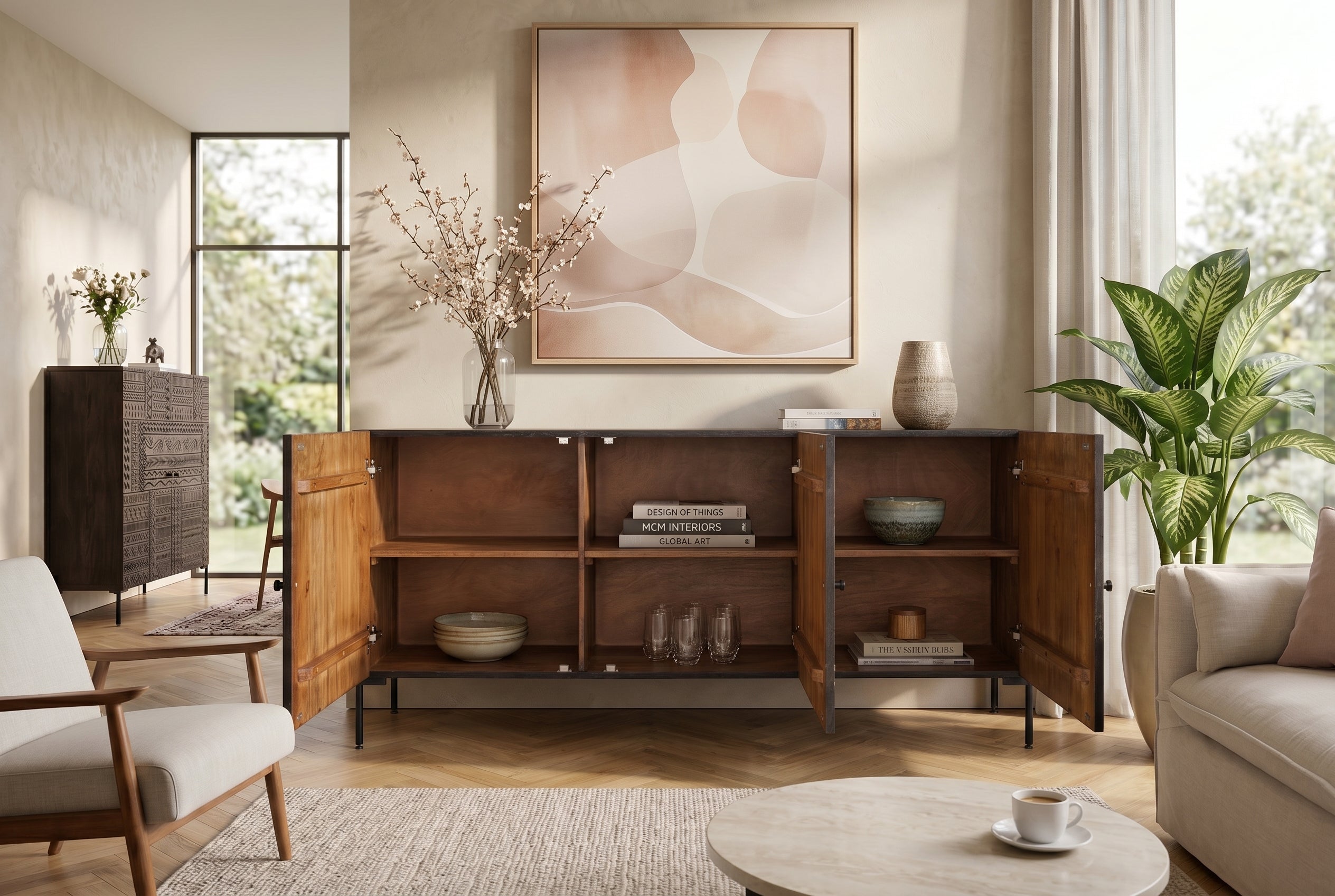 Massives Sideboard TRIBAL 180cm antik braun Mangoholz 3D-Front viel Stauraum