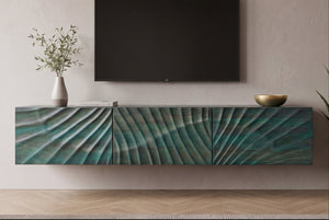Massives TV-Board SCORPION 160cm türkis Mangoholz hängend Lowboard