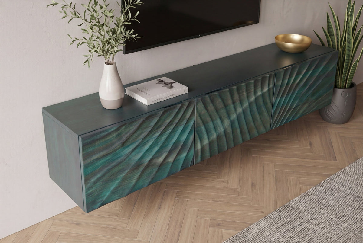 Massives TV-Board SCORPION 160cm türkis Mangoholz hängend Lowboard