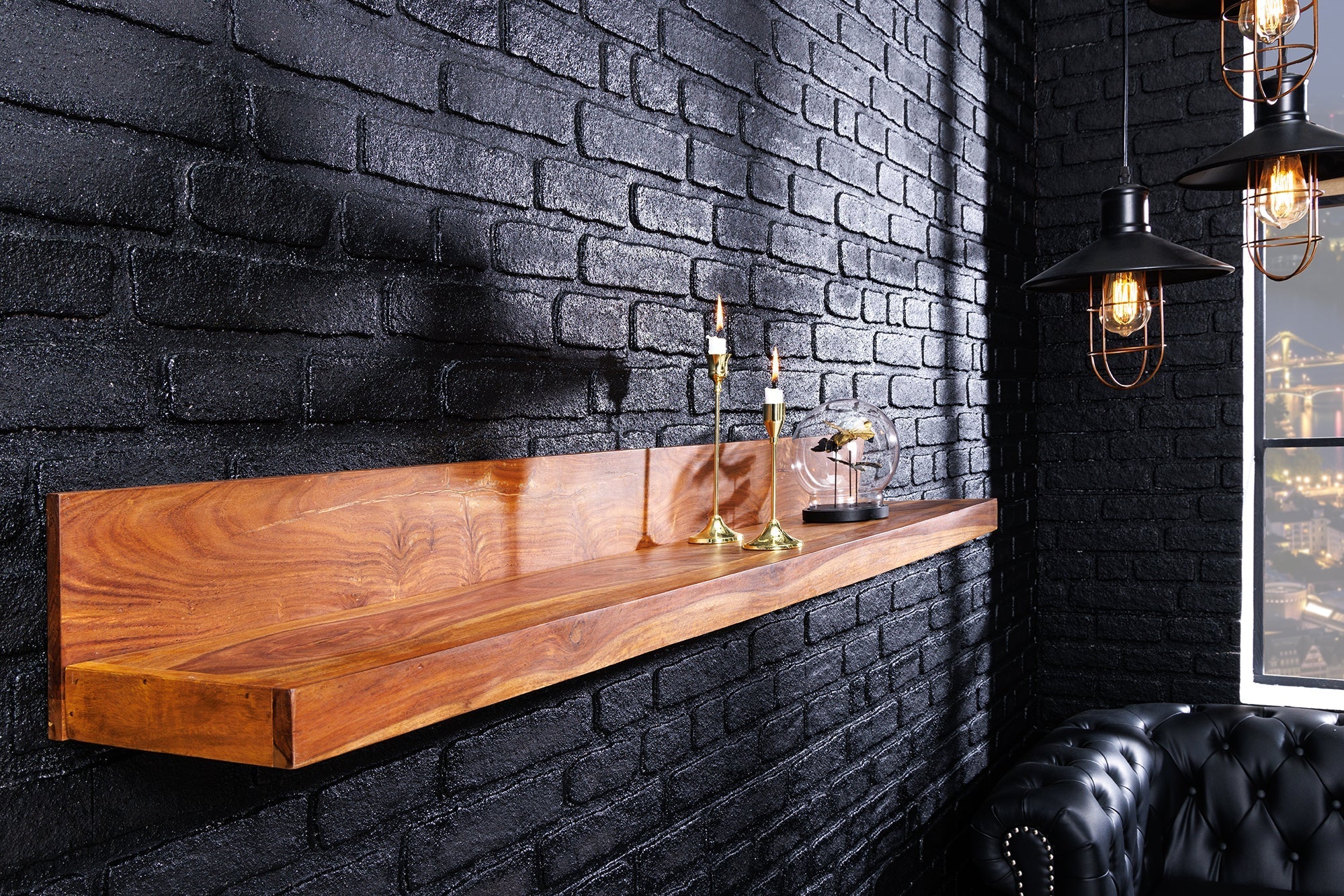 Massives Wandregal MAKASSAR 110cm braun Sheeshamholz stone finish