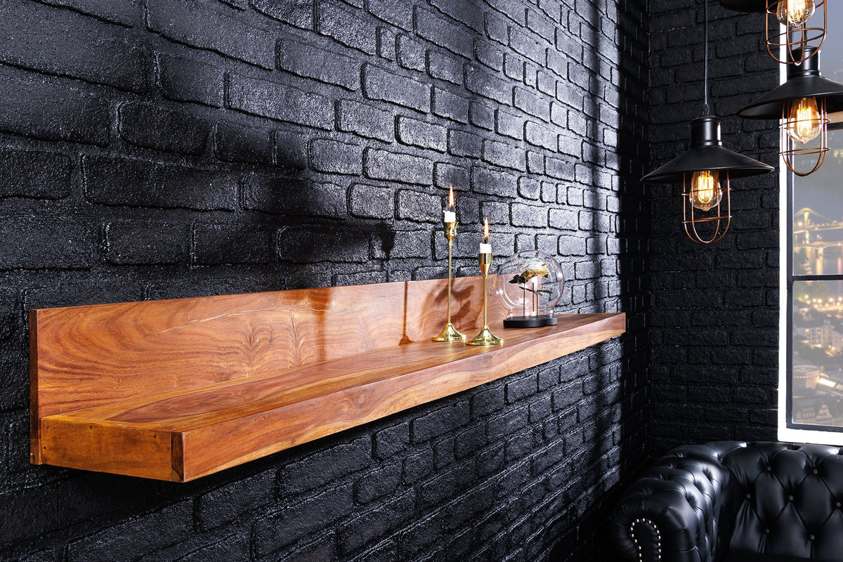 Massives Wandregal MAKASSAR 140cm braun Sheeshamholz stone finish