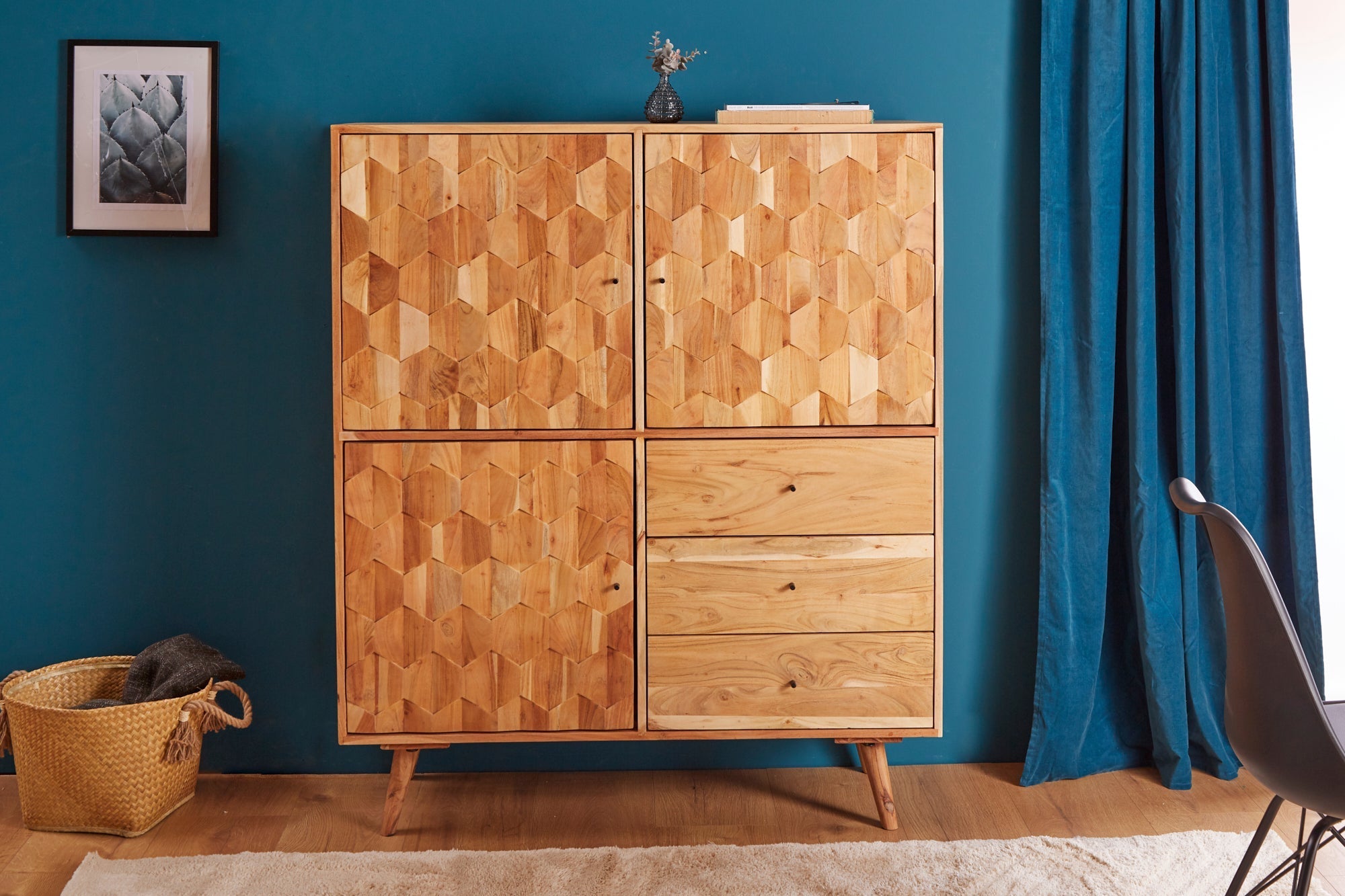 Massivholz Highboard MYSTIC LIVING 140cm Akazie natur 3D-Oberfläche