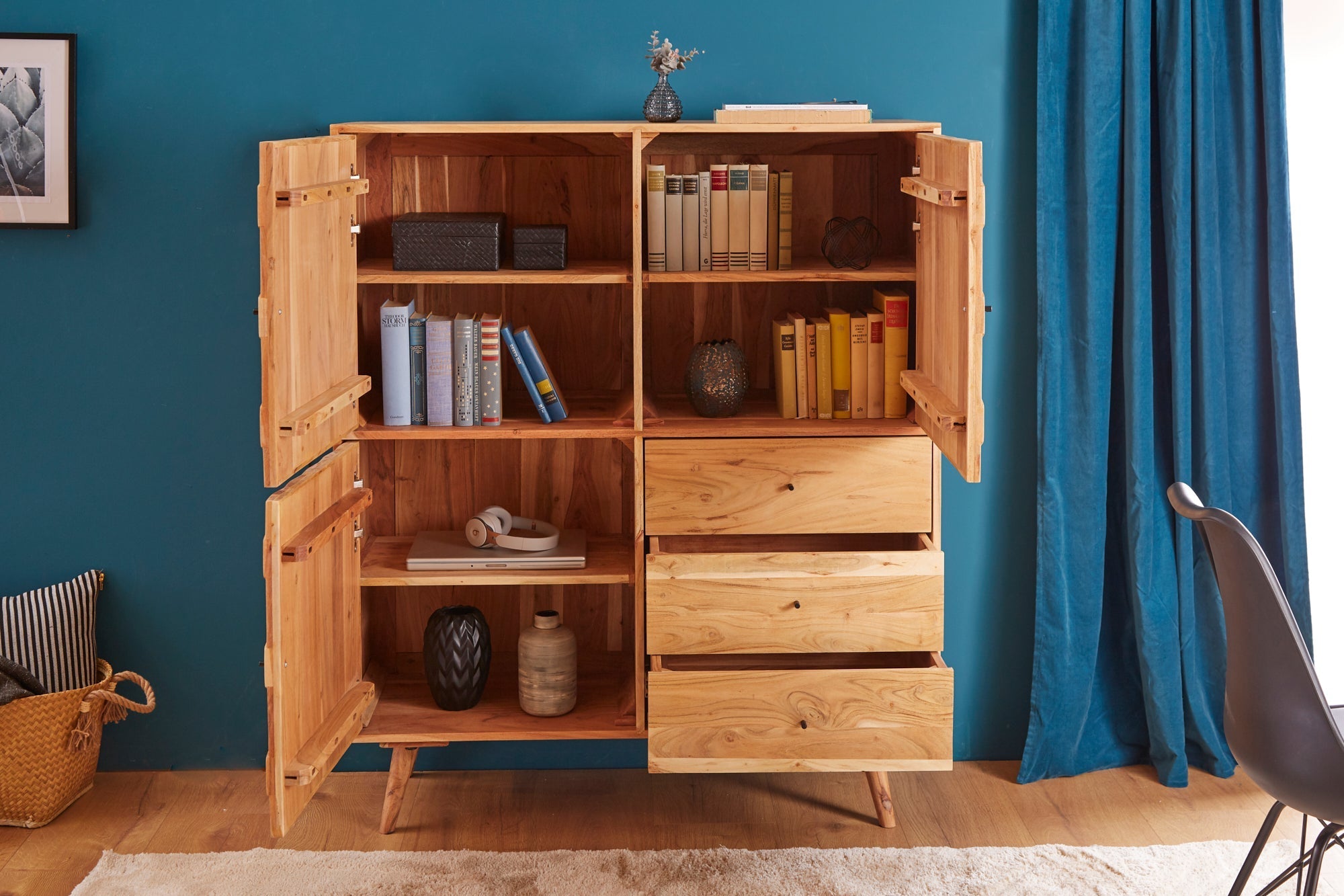 Massivholz Highboard MYSTIC LIVING 140cm Akazie natur 3D-Oberfläche