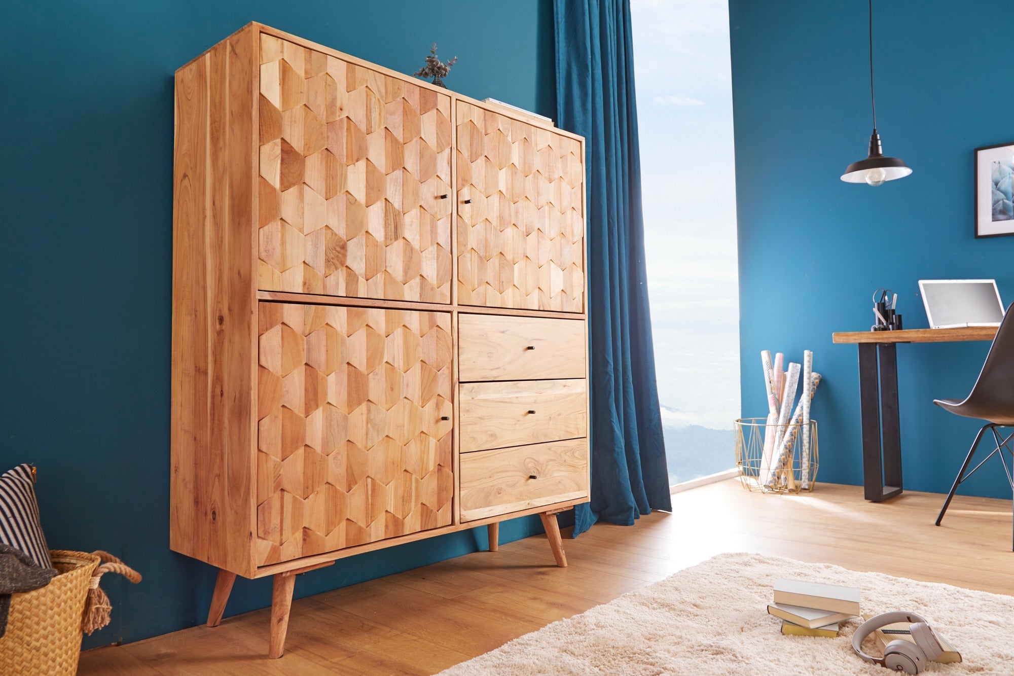 Massivholz Highboard MYSTIC LIVING 140cm Akazie natur 3D-Oberfläche