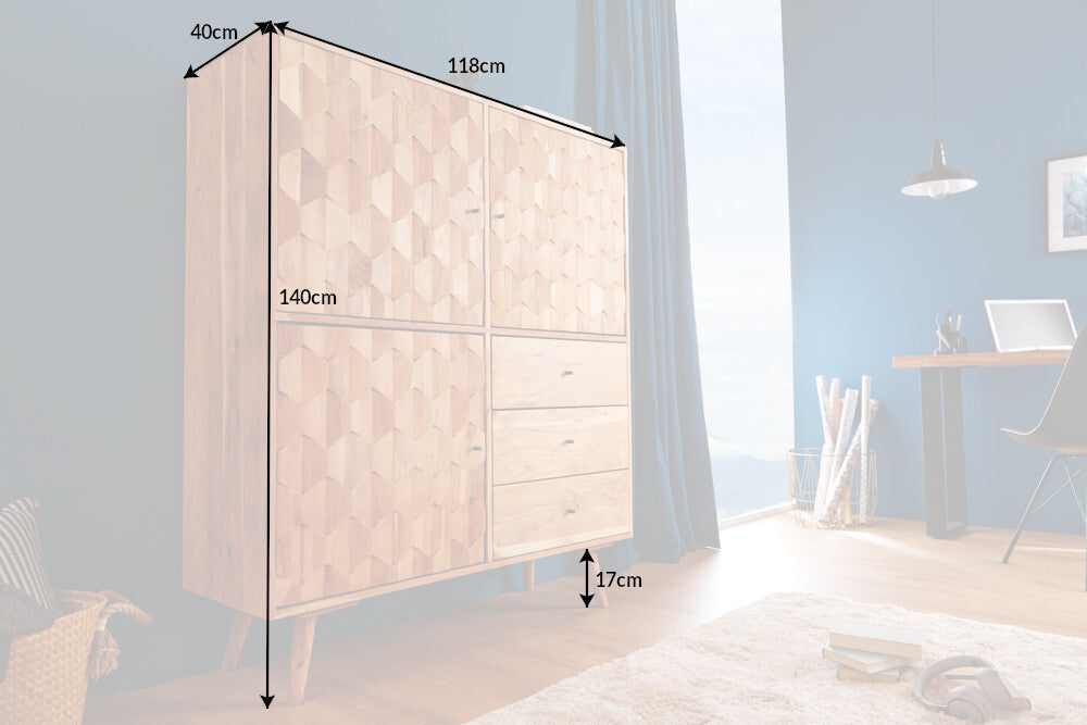 Massivholz Highboard MYSTIC LIVING 140cm Akazie natur 3D-Oberfläche