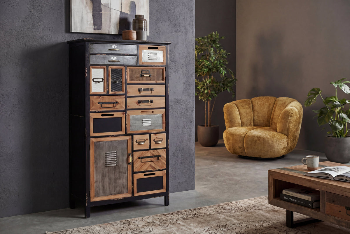 Meuble à tiroirs industriel SECRETS 150cm marron noir métal bois de pin vintage