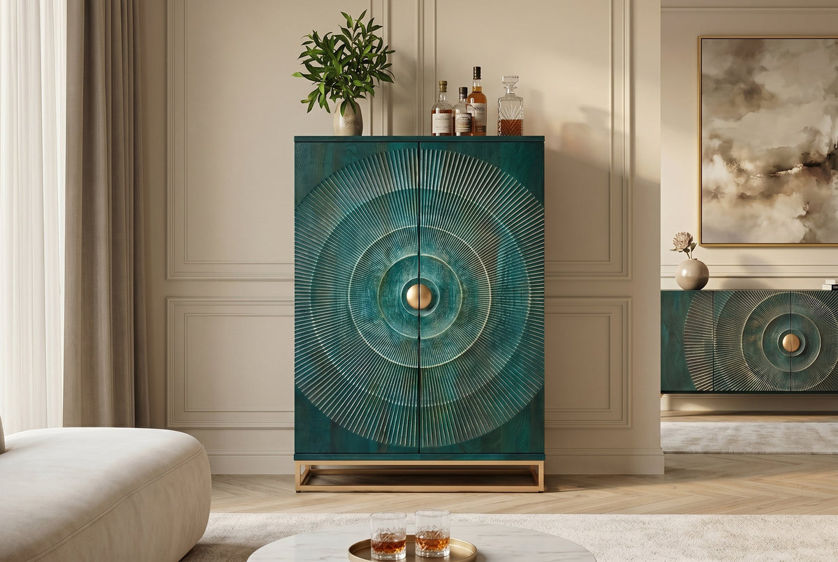 Meuble bar artisanal GOLDEN SUNSET 140cm bois de manguier massif turquoise