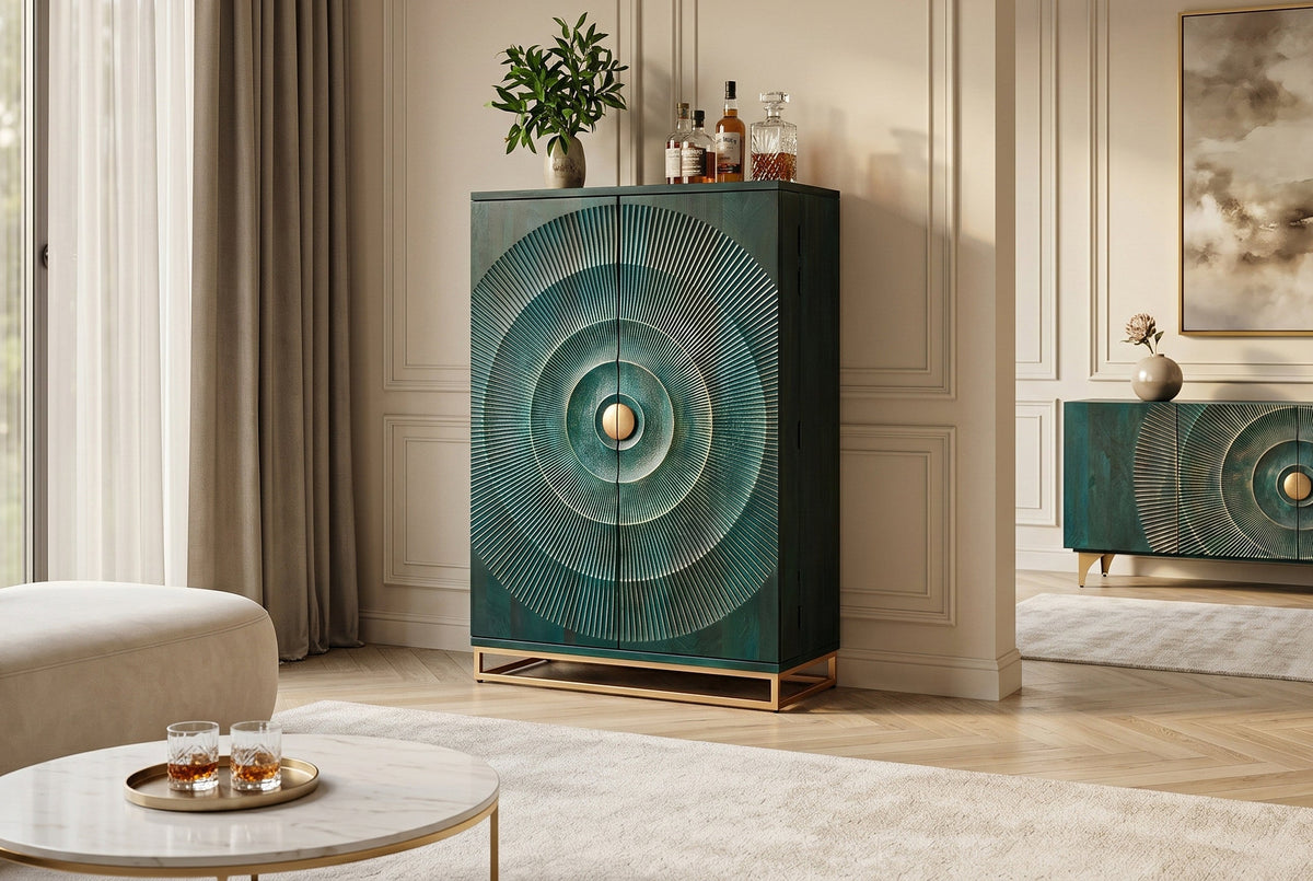 Meuble bar artisanal GOLDEN SUNSET 140cm bois de manguier massif turquoise