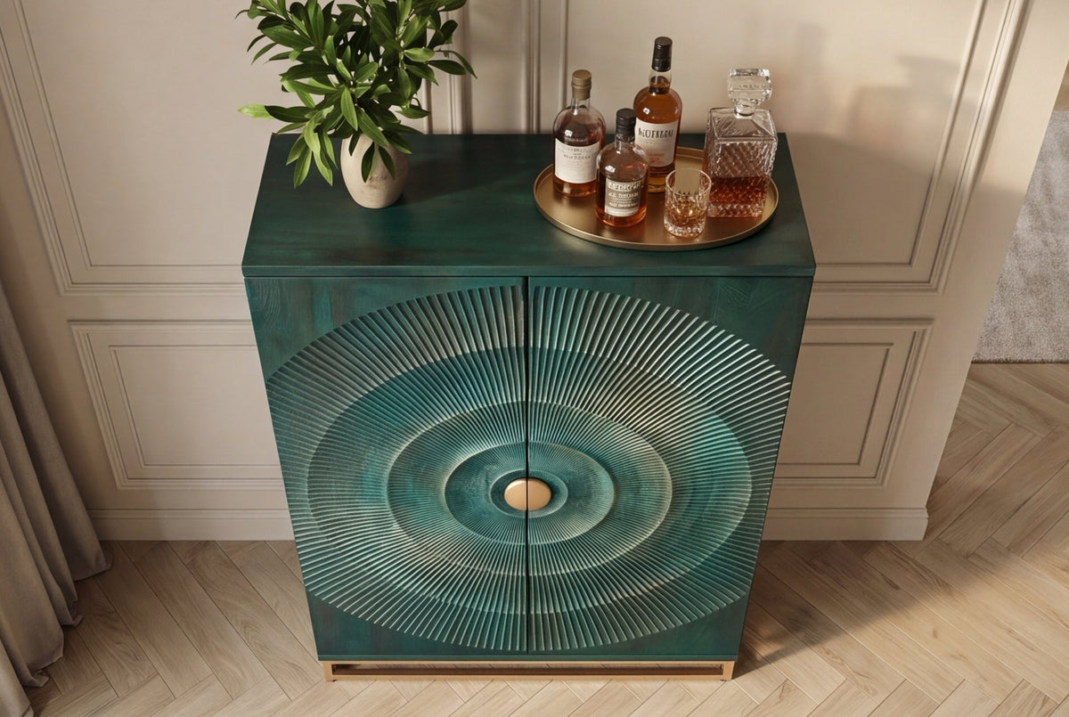 Meuble bar artisanal GOLDEN SUNSET 140cm bois de manguier massif turquoise