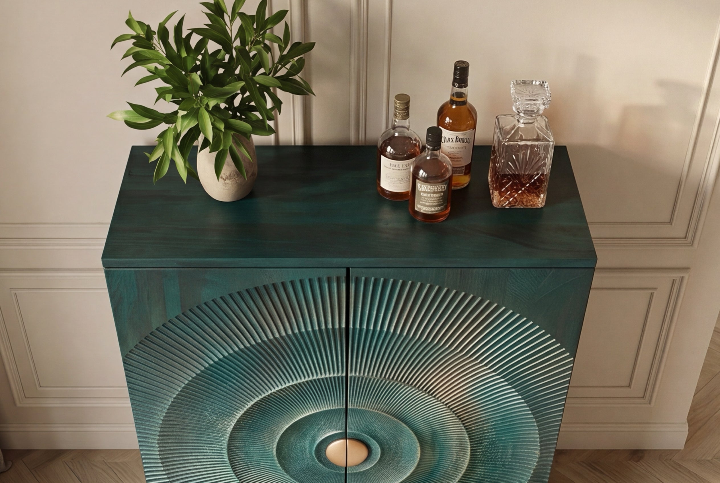 Meuble bar artisanal GOLDEN SUNSET 140cm bois de manguier massif turquoise