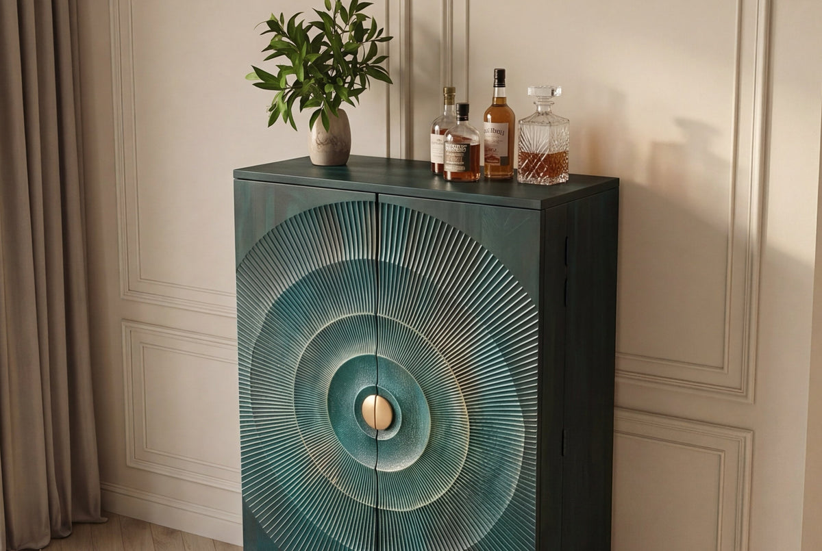 Meuble bar artisanal GOLDEN SUNSET 140cm bois de manguier massif turquoise