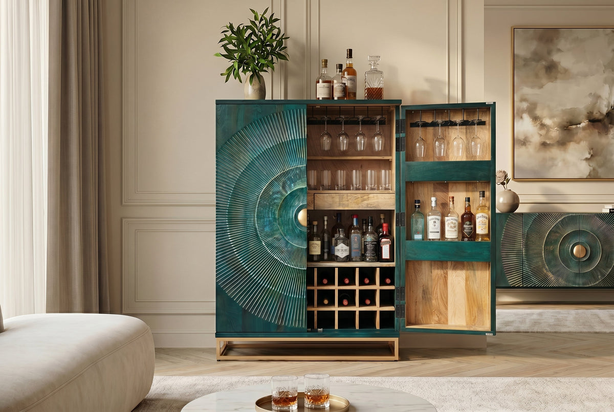 Meuble bar artisanal GOLDEN SUNSET 140cm bois de manguier massif turquoise